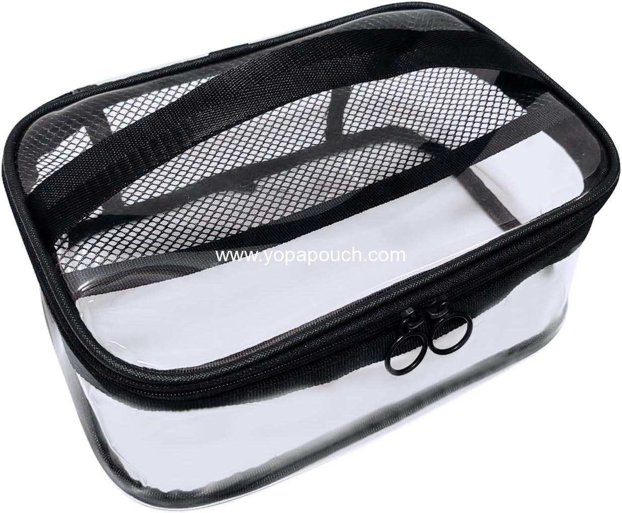 Clear Makeup Bags with Mesh Top，Clear PVC with Zipper Handle Portable Travel Luggage Pouch，TSA Approved Cosmetic Organizer (Black)
