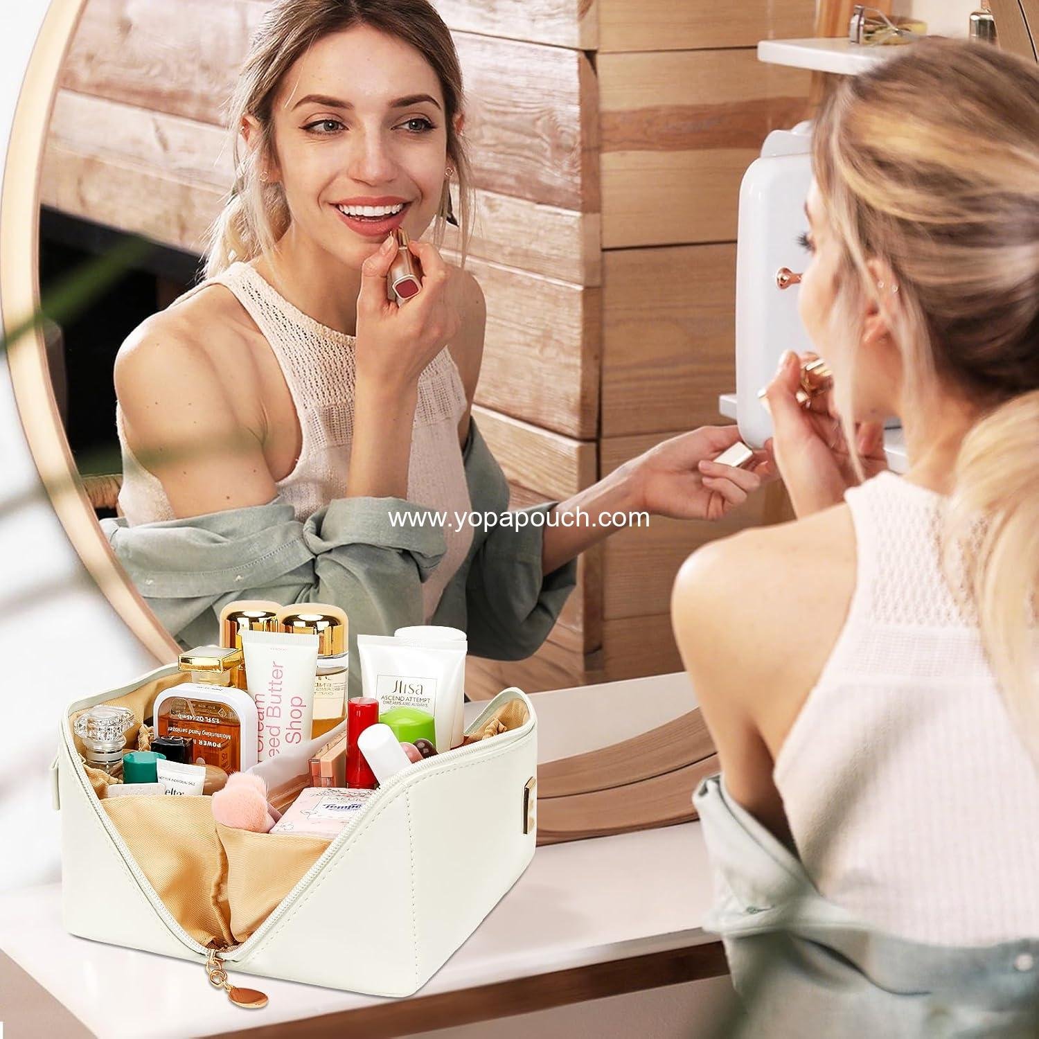 Wholesale Personalized Initial Makeup Organizer Bag Set for Women and Teen Girls, Open Flat Travel Cosmetic Bag with Clear Divider and Handle (Beige, A) - Supplier