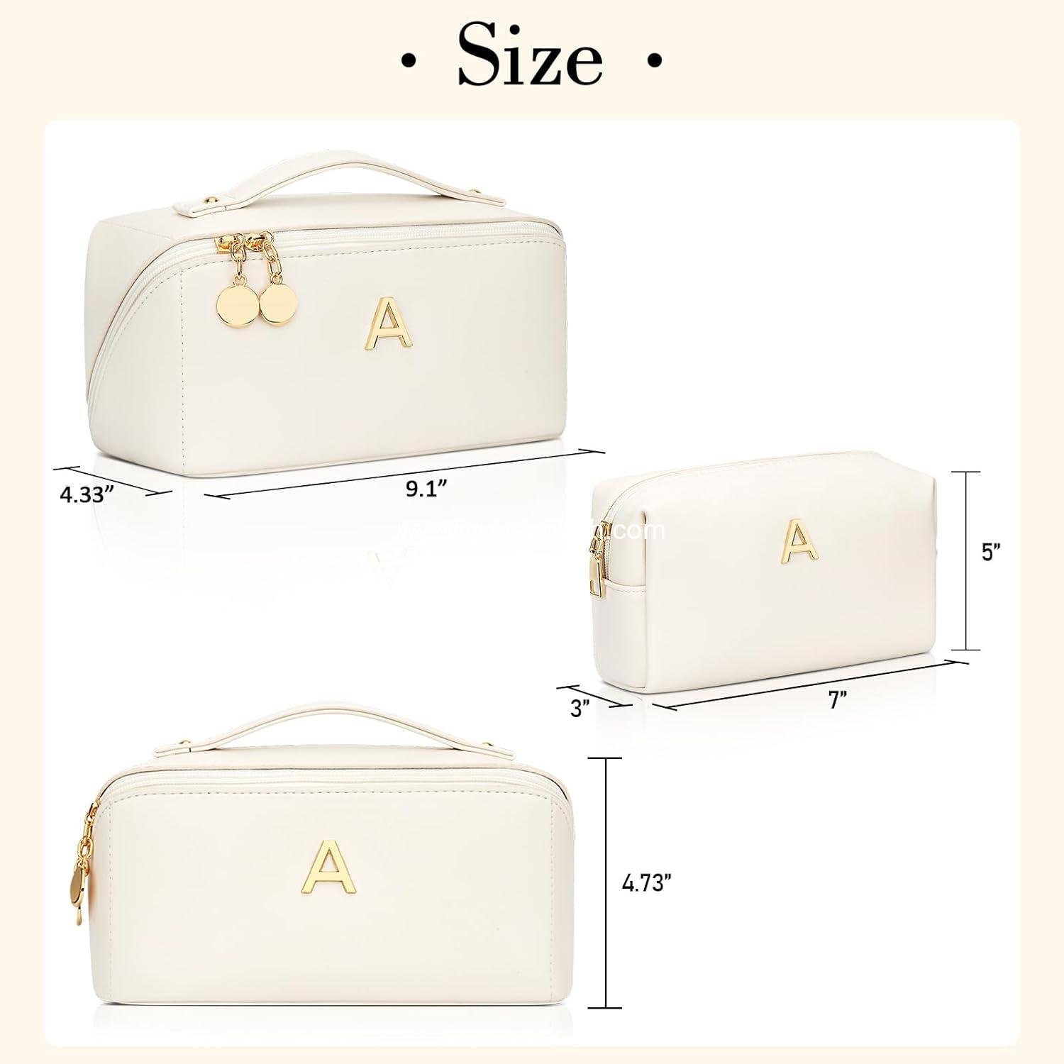 Wholesale Personalized Initial Makeup Organizer Bag Set for Women and Teen Girls, Open Flat Travel Cosmetic Bag with Clear Divider and Handle (Beige, A) - Supplier