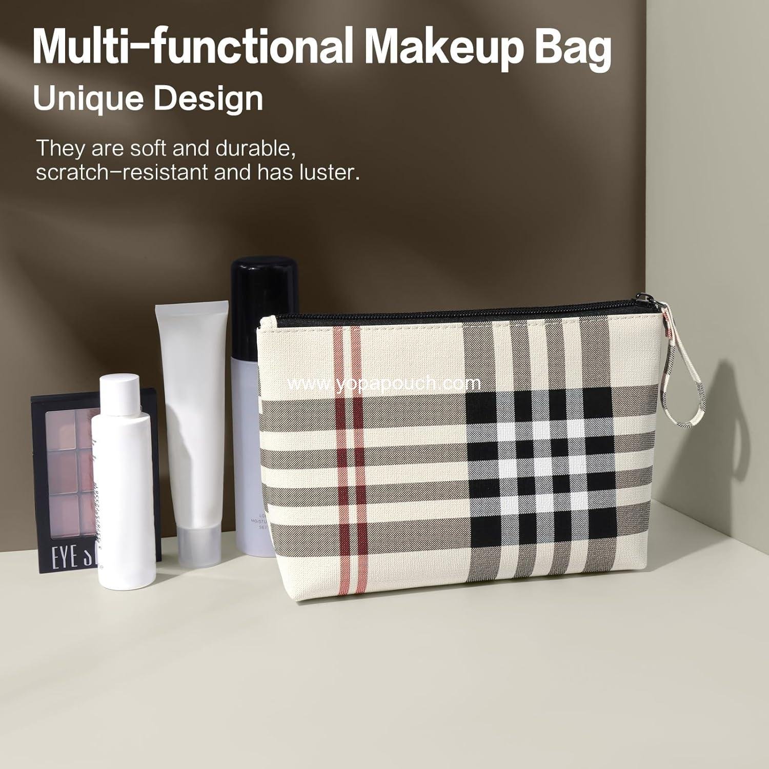 OEM Small Makeup Bag for Purse Cosmetic Storage for Women PU Leather Makeup Pouch Travel Ready with Handle,  portable Makeup Bag for Travel (Khaki) Supplier