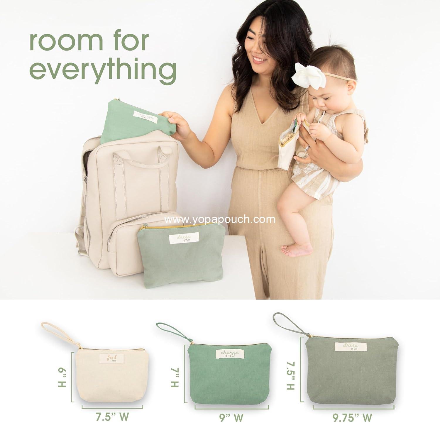 OEM Baby Diaper Bag Organizing Pouch Set – Feed Me, Change Me, Dress Me – Recycled Cotton Zip Pouches for Gender Neutral Diaper Bag Accessories and Baby Essentials Organizer - Set of 3, Supplier