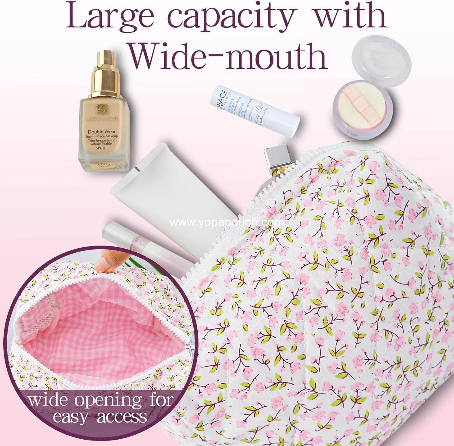 Wholesale Quilted Floral Cotton Makeup Bag Puffy Coquette Pouch Aesthetic Cute Travel Toiletry Bag for Women Girls - Factory