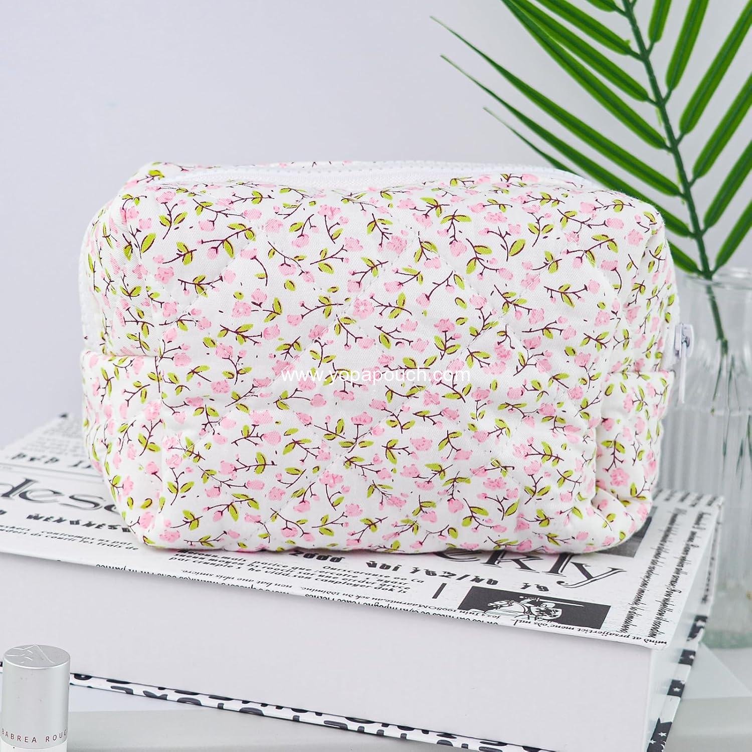 Wholesale Quilted Floral Cotton Makeup Bag Puffy Coquette Pouch Aesthetic Cute Travel Toiletry Bag for Women Girls - Factory