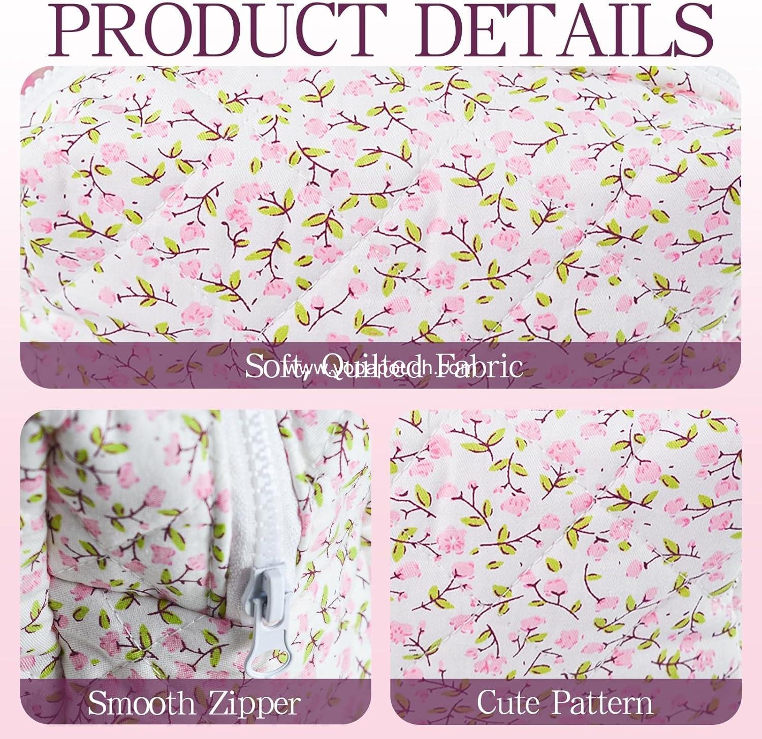 Wholesale Quilted Floral Cotton Makeup Bag Puffy Coquette Pouch Aesthetic Cute Travel Toiletry Bag for Women Girls - Factory