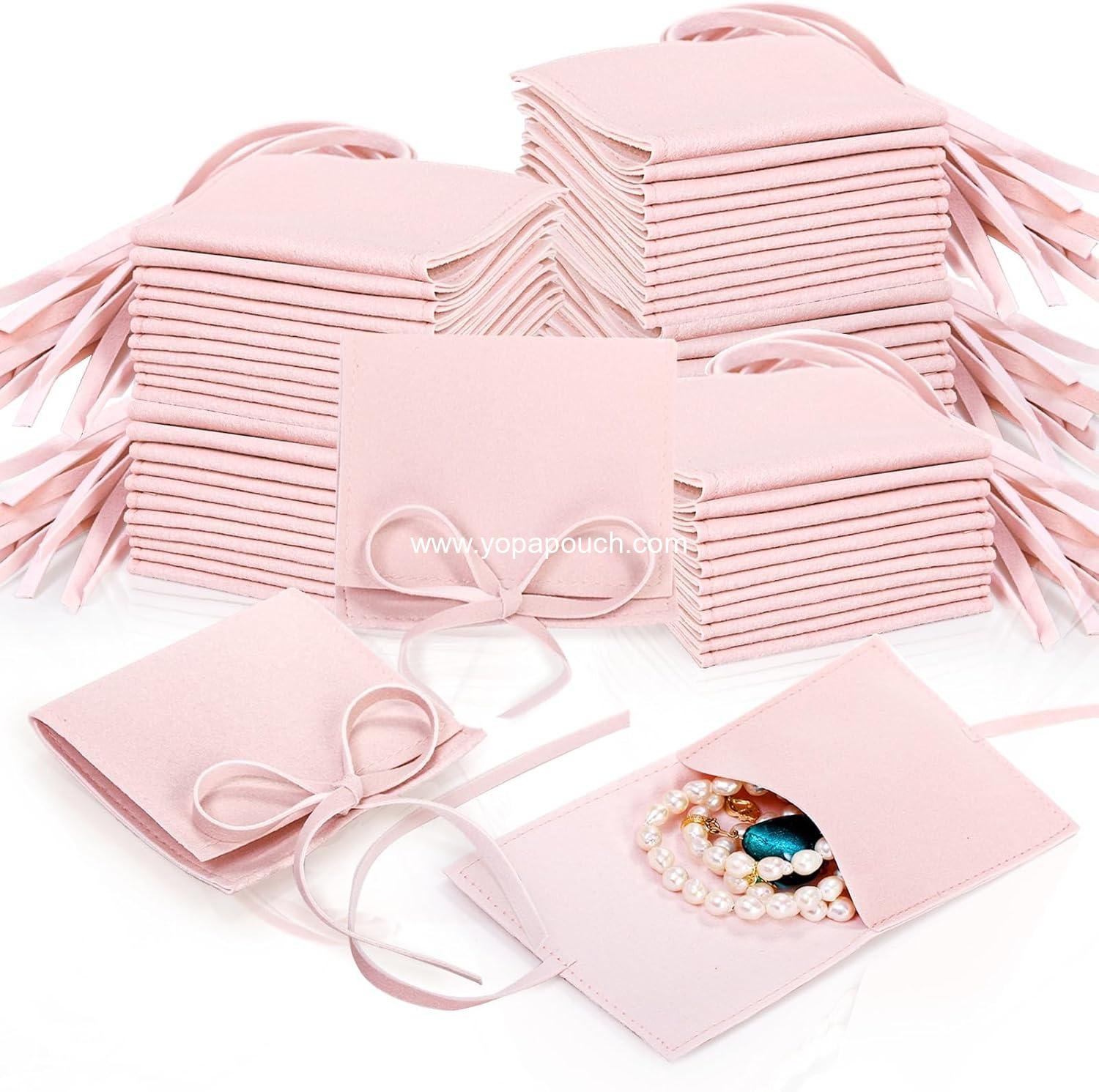 40 Pieces Microfiber Jewelry Pouch, 8 x 8 cm Jewelry Package Bags with String, Luxury Small Gift Bag, Pink Envelope Style Bracelet Packaging Bow Tie Bag for Earrings, Necklace, Ring
