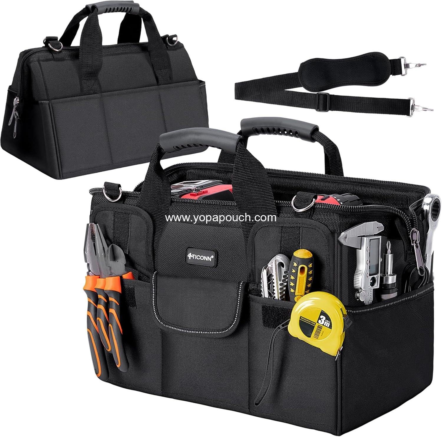 TICONN Heavy Duty Tool Bag with Multi-Pockets, Portable Tool Box Organizer Storage Bag, with Adjustable Shoulder Strap and Ergonomic Handle (Black, 16" Standard Base)