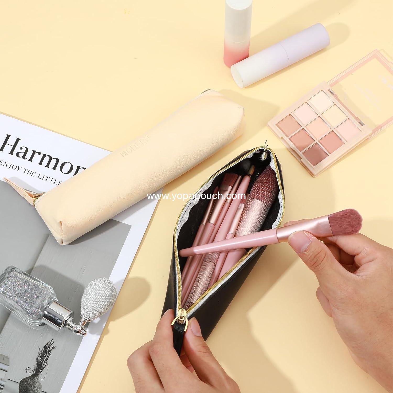 Wholesale Small Pencil Pouch Set - 2 PCS Slim Black & Beige Leather Zipper Case for Pens, Pencils, Markers, Stationery Supplier