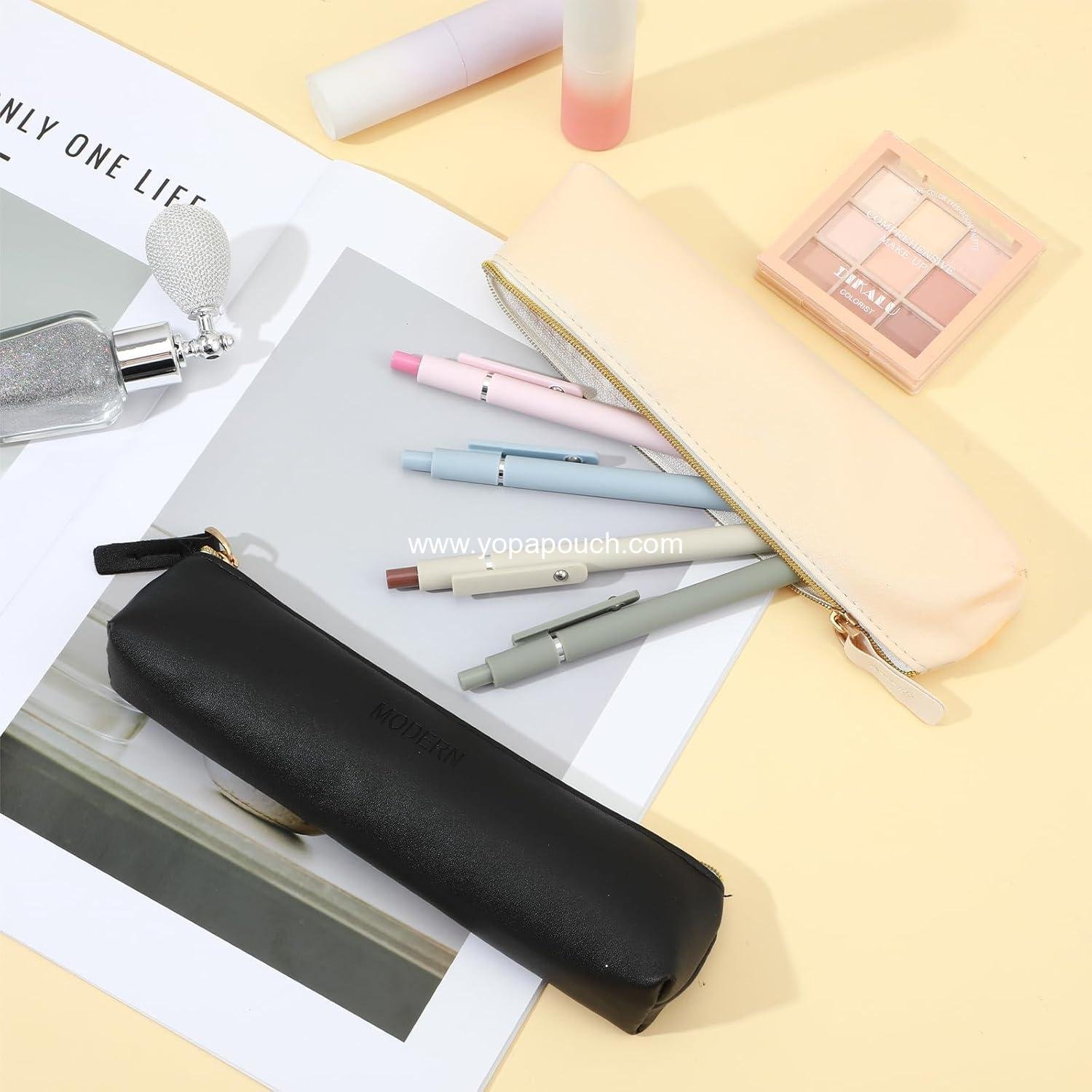 Wholesale Small Pencil Pouch Set - 2 PCS Slim Black & Beige Leather Zipper Case for Pens, Pencils, Markers, Stationery Supplier