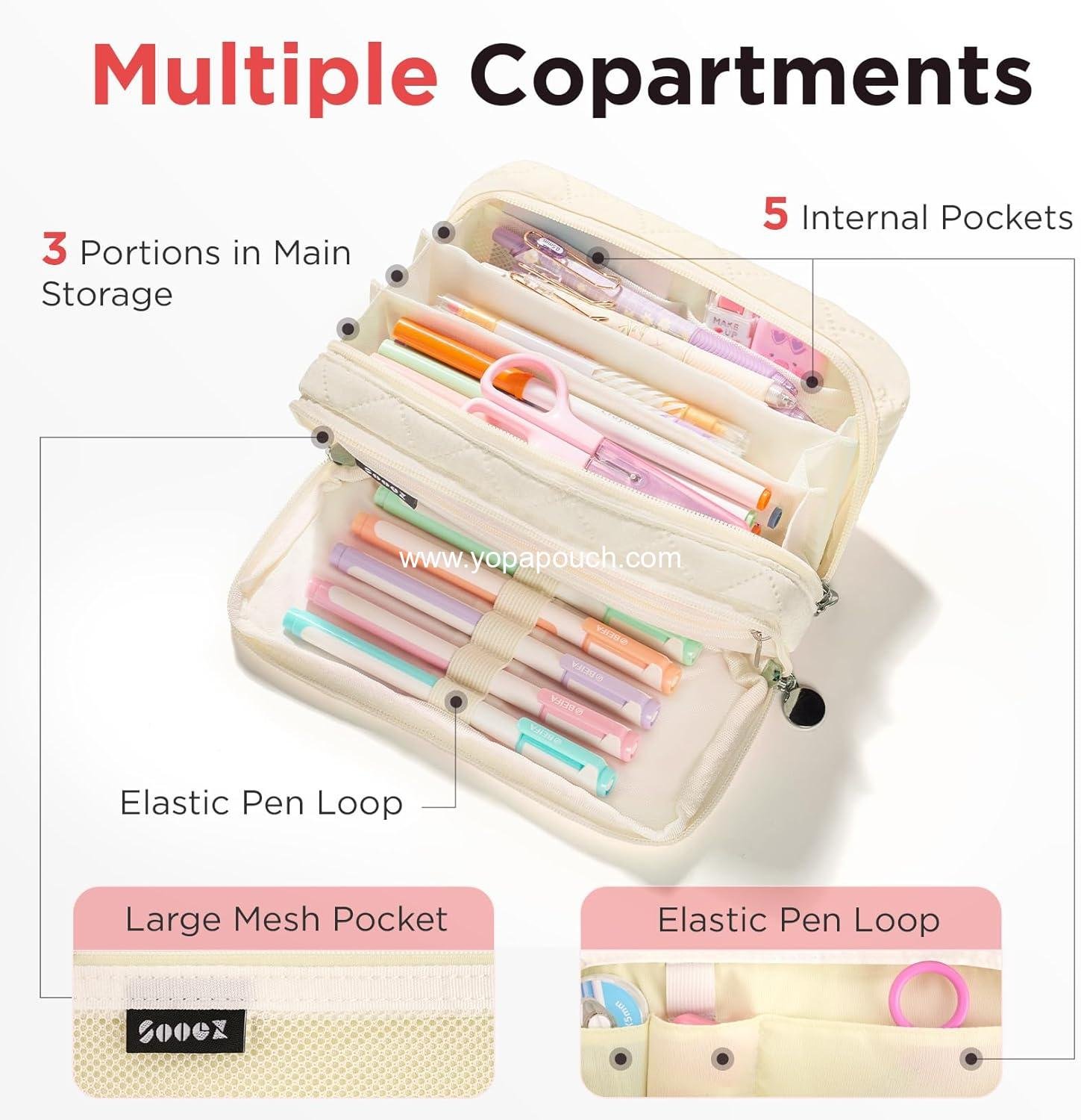 Wholesale Extra Large Pencil Case Pouch with 8 Compartments, Wide Opening Soft Quilted Organizer with Zipper, Portable Bag for Teen Girls, Beige - Supplier