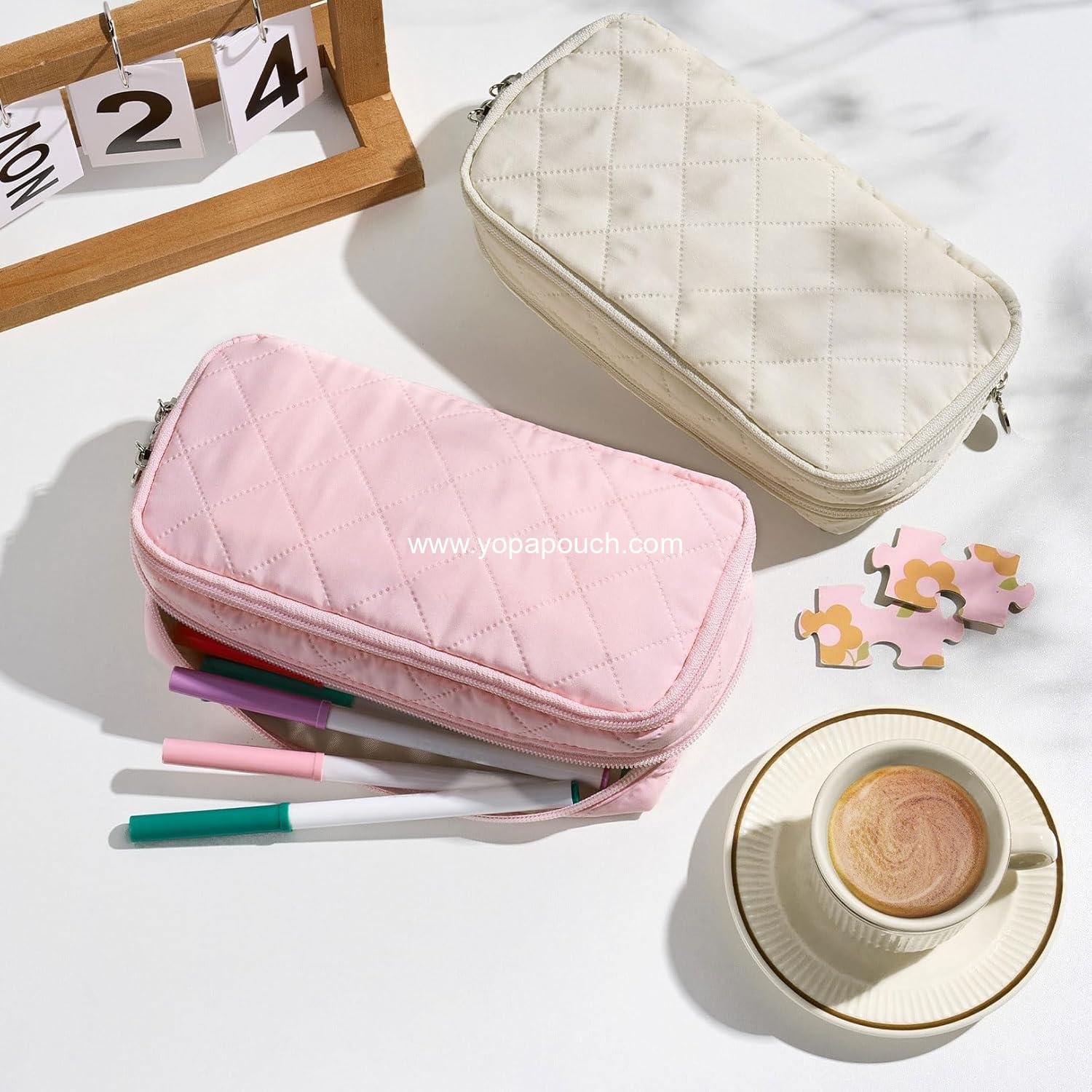 Wholesale Extra Large Pencil Case Pouch with 8 Compartments, Wide Opening Soft Quilted Organizer with Zipper, Portable Bag for Teen Girls, Beige - Supplier