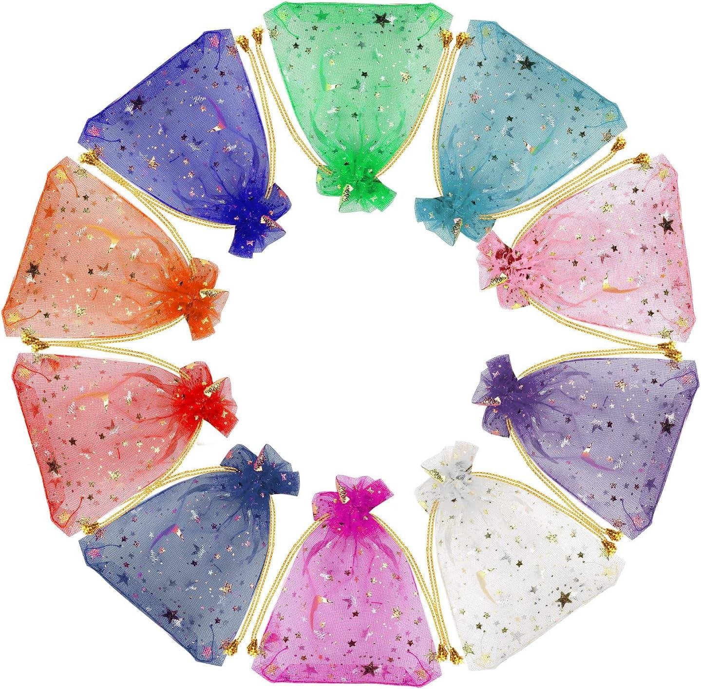 SUMAJU 100 Pieces Moon Star Organza Jewelry Candy Bags, 2.7x3.5 Inch Random Color Organza Favor Bags Gift Pouch with Drawstring for Christmas Wedding Party Stocking Stuffers