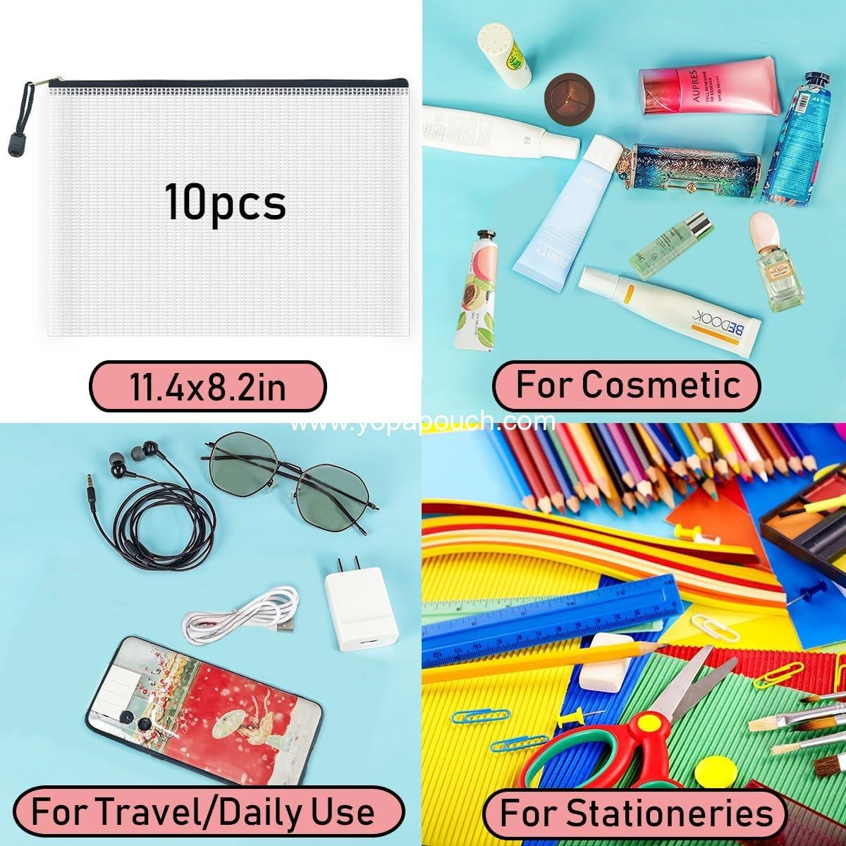 Wholesale 10 Pcs Zipper File Bags, Waterproof Plastic Mesh Pouch for Office and School, Board Game Storage (B5 Size 11.4''x8.2'', White and Black) - Manufacturer