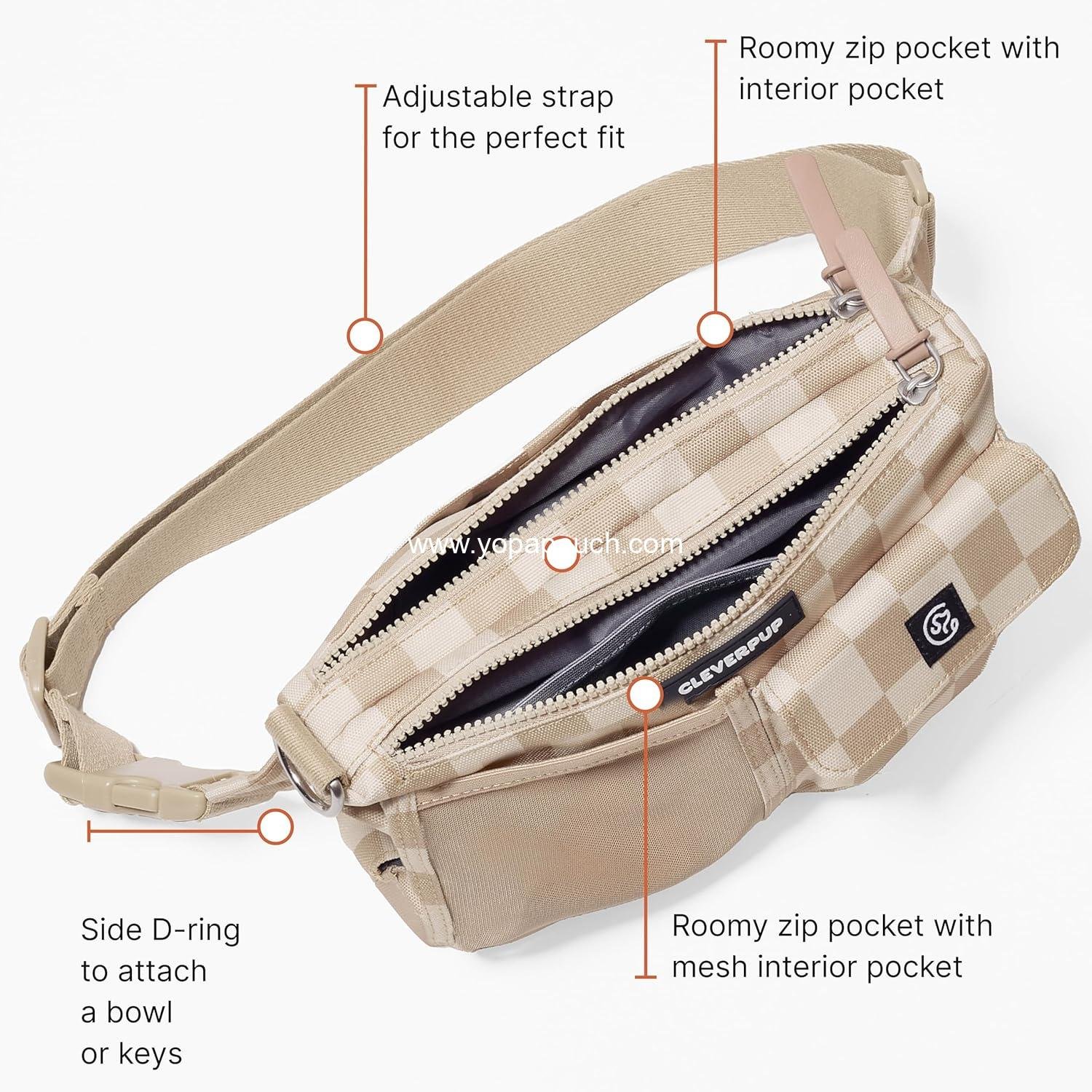 Wholesale Dog Walk & Train Sling Bag - Hands-Free 2-in-1 Treat Pouch, Poop Bag Holder, Clicker, Phone Pocket - Adjustable Crossbody/Fanny Pack - Checkerboard Manufacturer