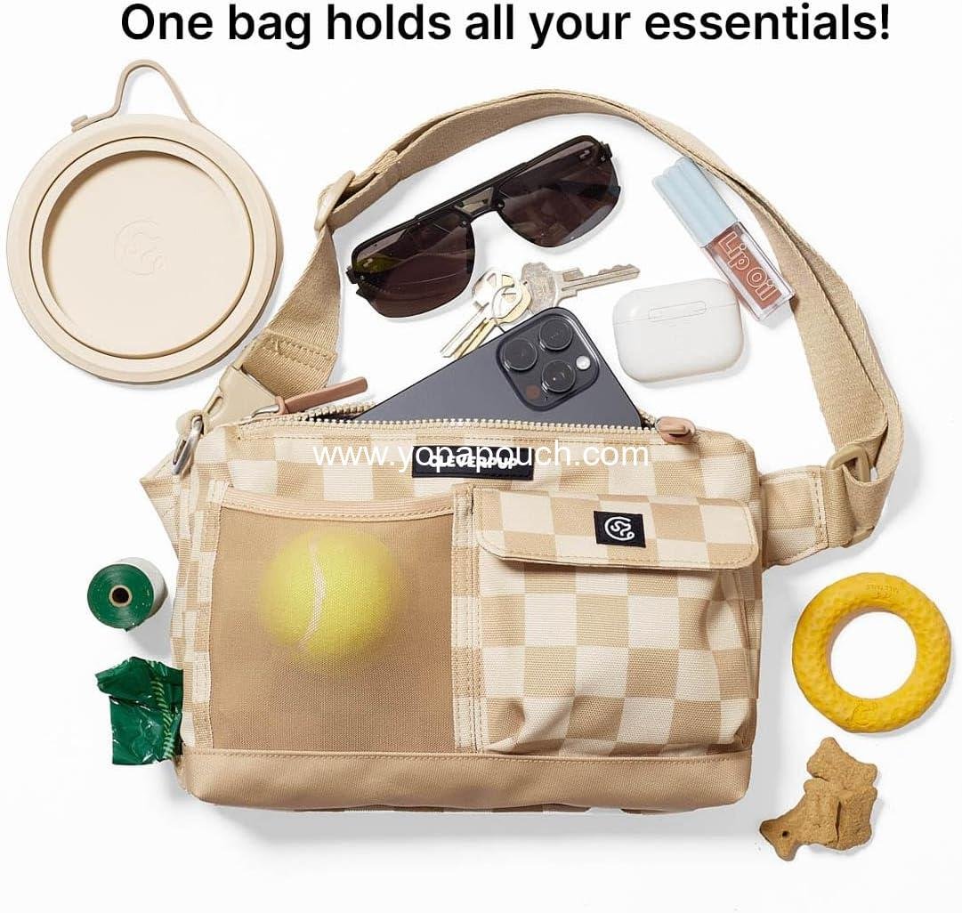 Wholesale Dog Walk & Train Sling Bag - Hands-Free 2-in-1 Treat Pouch, Poop Bag Holder, Clicker, Phone Pocket - Adjustable Crossbody/Fanny Pack - Checkerboard Manufacturer
