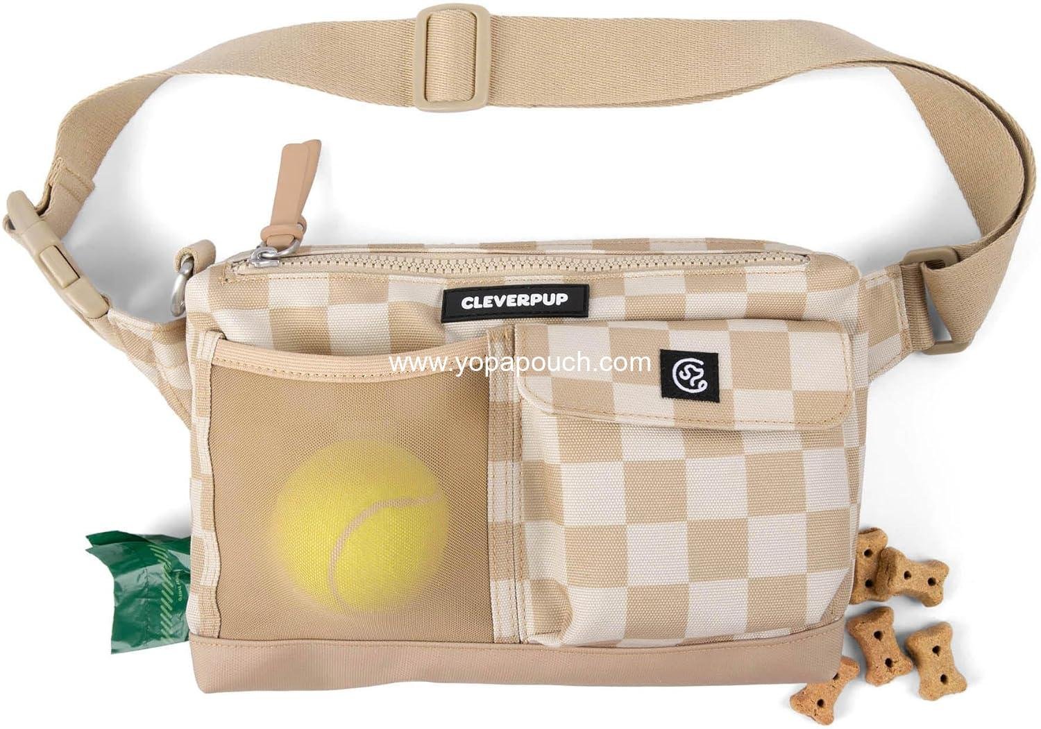 Dog Walk & Train Sling Bag - Hands-Free 2-In-1 Treat Pouch, Poop Bag Holder, Clicker, Phone Pocket - Crossbody/Fanny Pack, Adjustable Strap - Checkerboard