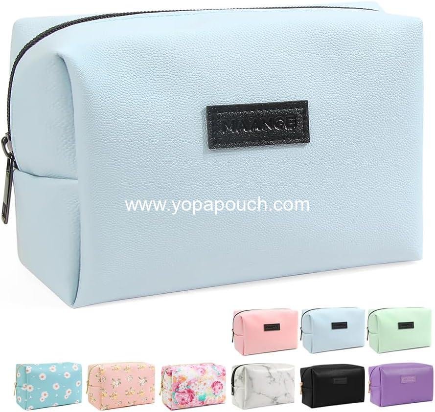 MAANGE Small Makeup Bag For Purse, Travel Cosmetic Bag Makeup Pouch PU Leather Portable Versatile Zipper Pouch For Women (Blue)
