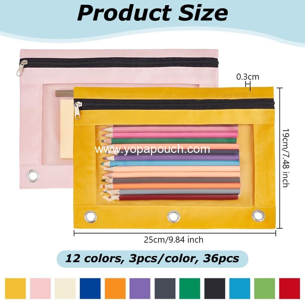 Wholesale 36 Pack Clear Window Pencil Case for Binder, Smooth Zipper 3 Ring Pencil Pouch, Oxford Fabric Pen Bag for Office and Home Supplies, 12 Color Supplier