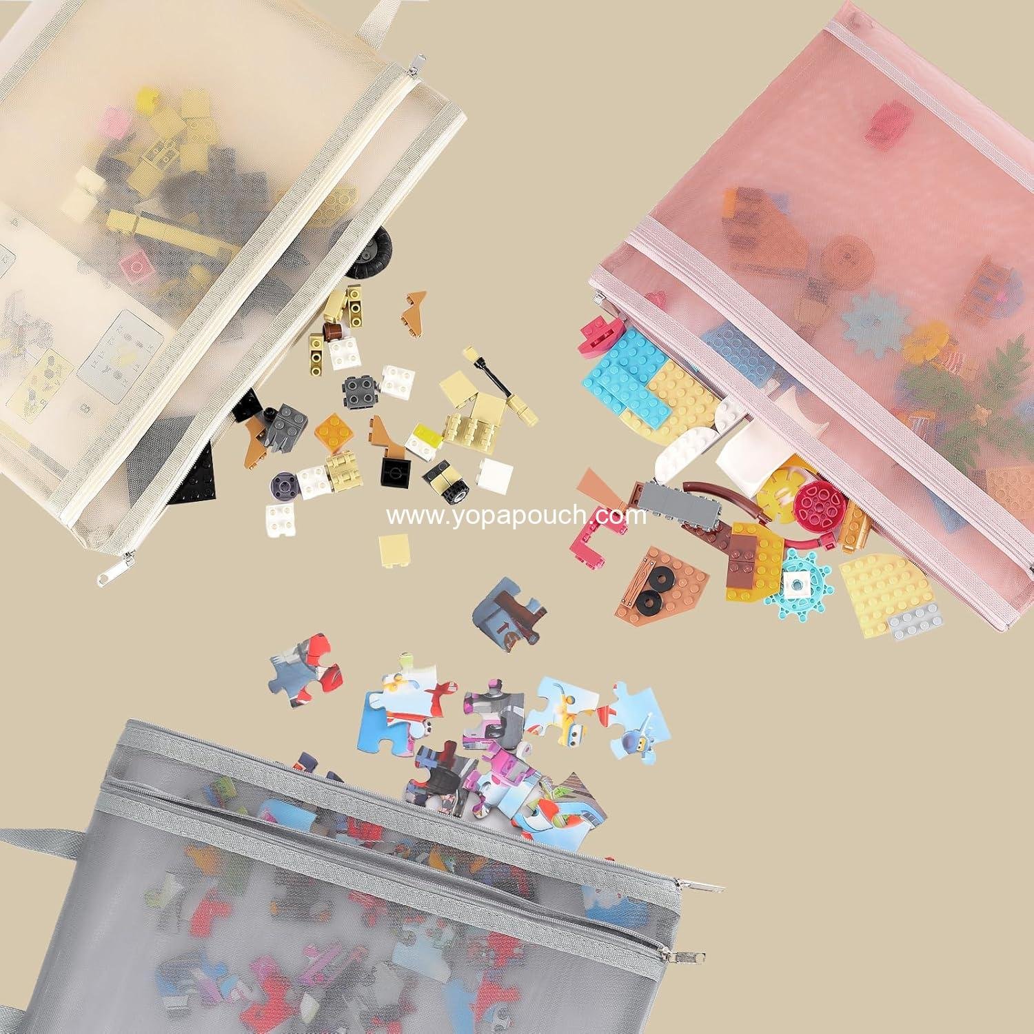 Wholesale 10 Pack Colored Mesh Zipper Pouch Bags, Double-Layer Nylon Storage for Puzzle Building Blocks, Breathable See-Through A4 Zipper Pouches with Handle for School Games - Supplier