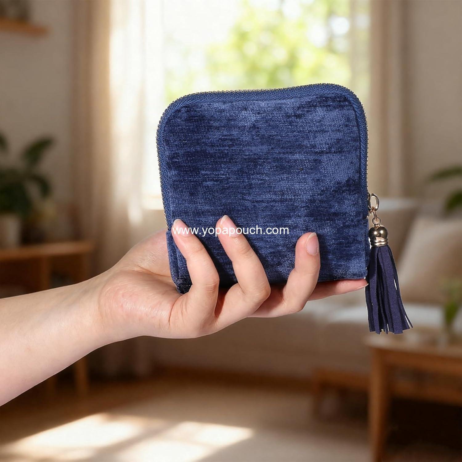 Wholesale Small Blue Velvet Travel Jewelry Pouch Portable Organizer for Necklaces, Bracelets, Rings, Earrings, and Gemstones - Zipper Storage Bag for Women Supplier