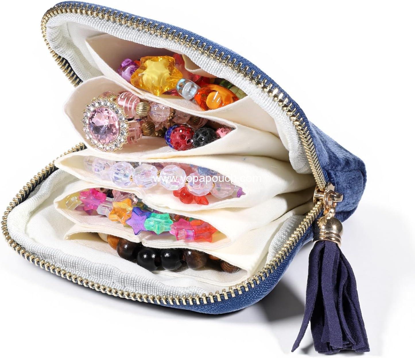 Small Blue Velvet Travel Jewelry Pouch Portable Jewelry Storage Bag Travel Jewelrys Case Organizer for Women Zipper Pouch Bag for Necklaces Bracelets Bangles Rings Earrings Gemstones Storage