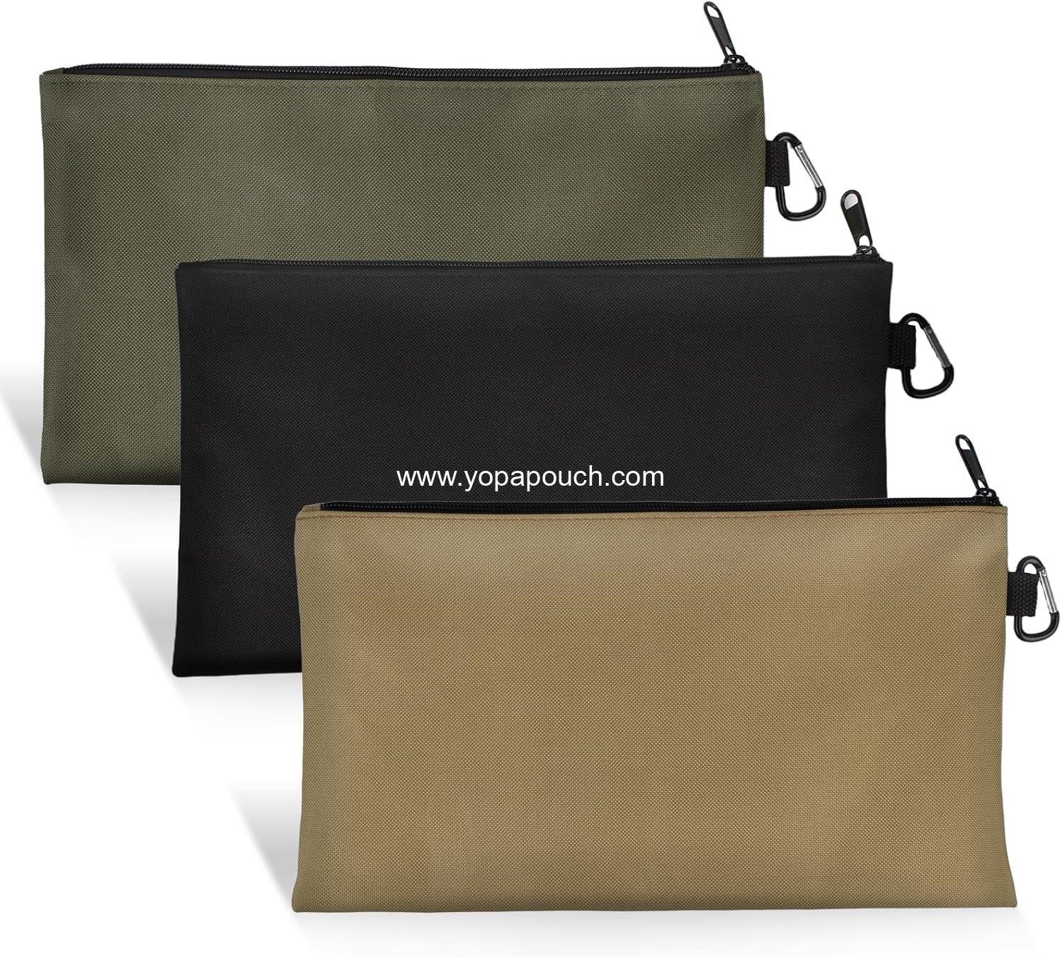 Versatile Tool Bag Organizer – 3-Pack Zipper Pouches bag with metal carabiner, Ideal Tool Pouch for Mechanics, Electricians, and DIY Enthusiasts​（3 Color Pack,Tan, Navy Green, Black）