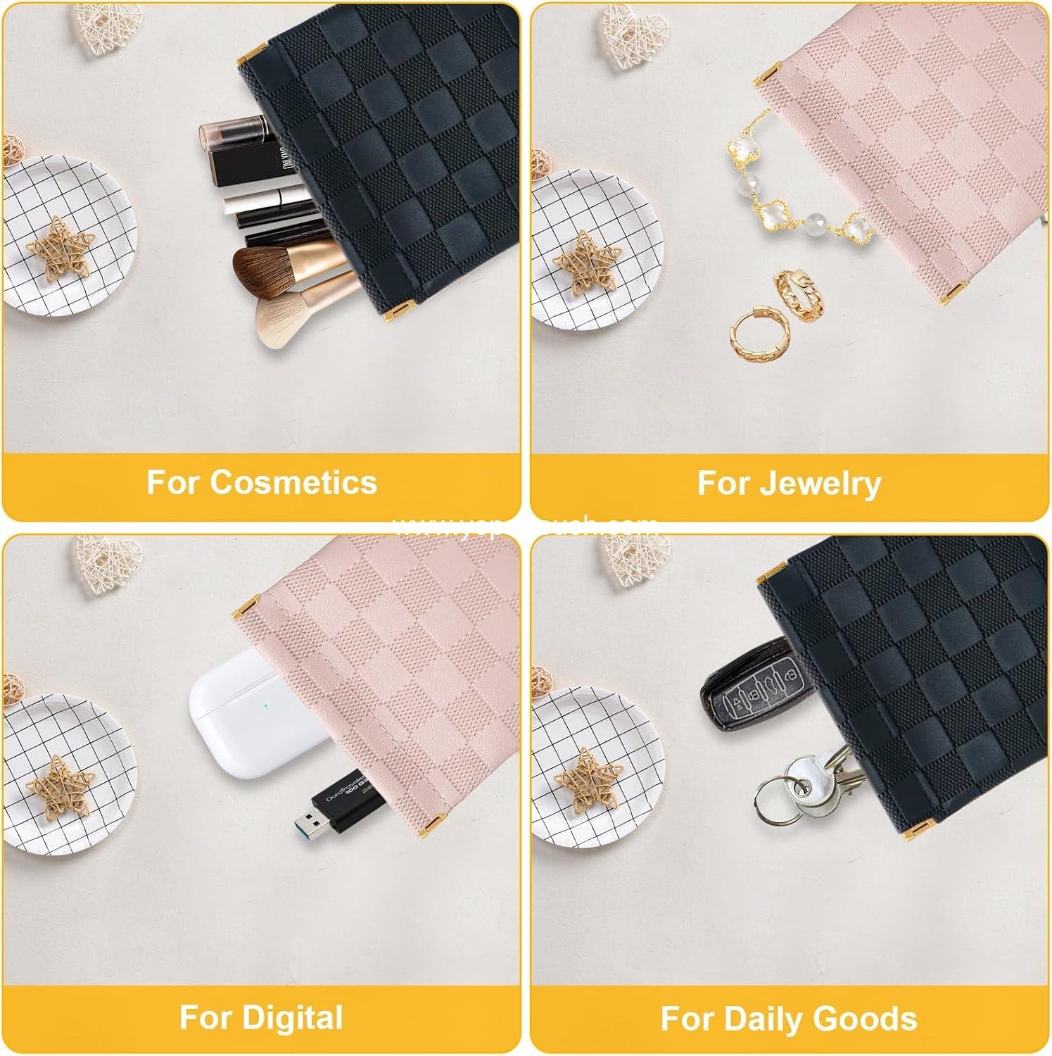 Wholesale Mini Checkered Makeup Pouch Set, 2 PCS Small Waterproof Cosmetic Bags for Travel, Perfect for Cosmetics, Headphones, Jewelry, Lipstick, Coins (Black, Pink) - Supplier
