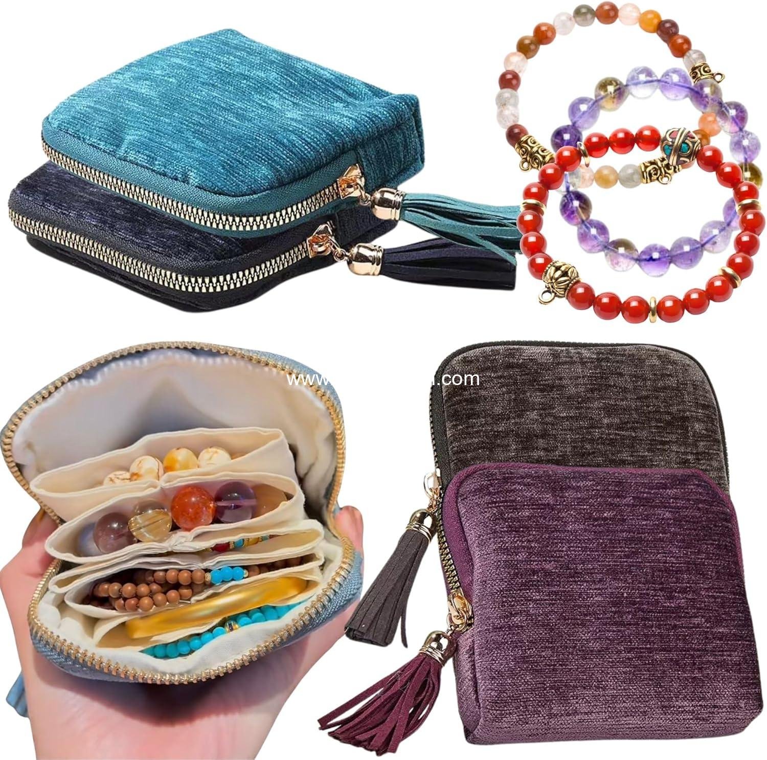 2025 New Travel Jewelry Case – Portable Organizer for Rings, Bracelets, & Bangles with Tassel Zipper, Elegant Jewelry Roll for Journey, Crystal Jewelry Storage Pouch, Mini, Taro Purple