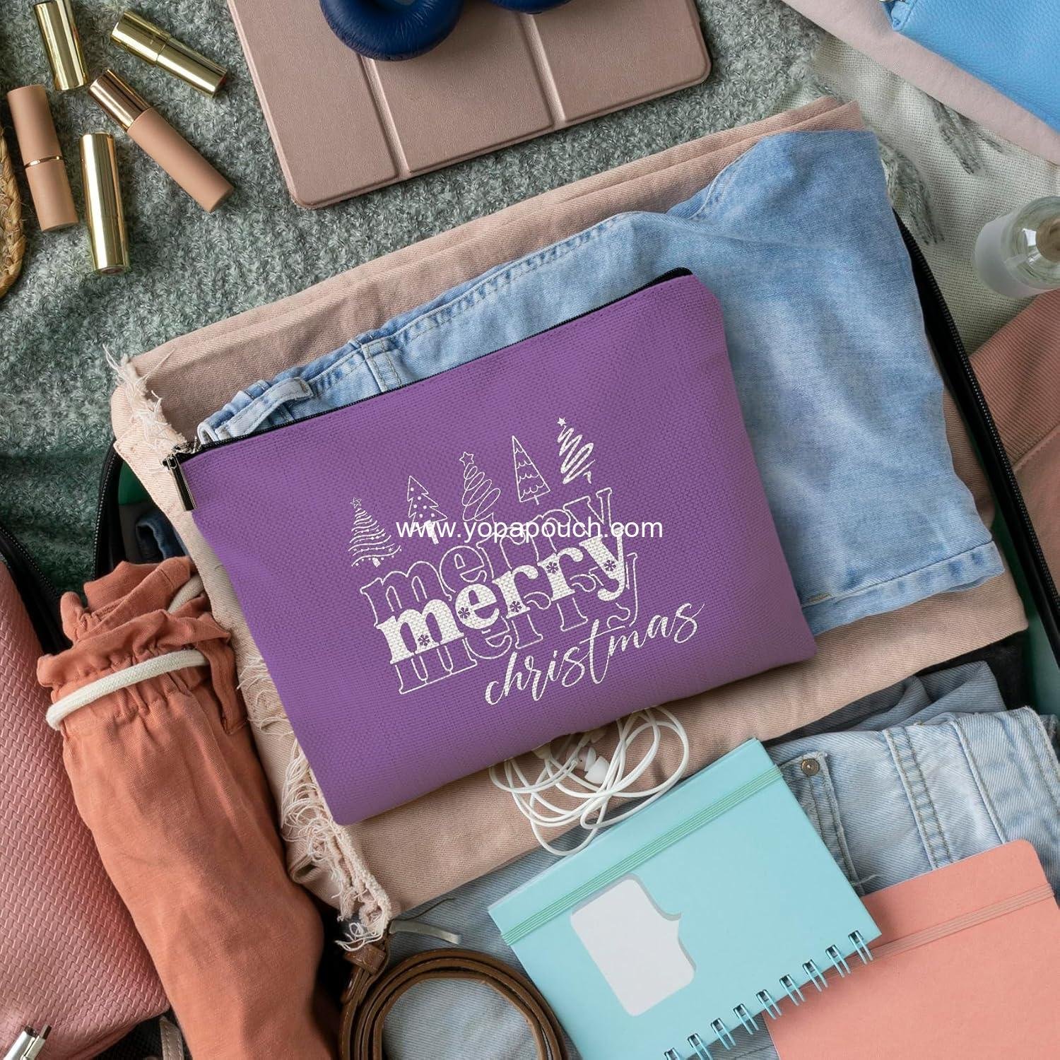 Wholesale Purple Christmas Makeup Bag, Merry Christmas Cosmetic Pouch for Women, Preppy Xmas Tree Zipper Travel Organizer, Toiletry Bag - Supplier
