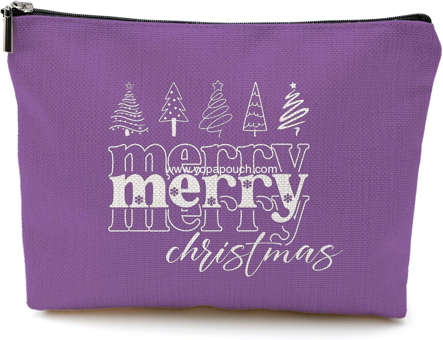 DILSJ Purple Christmas Makeup Bag, Merry Christmas Cosmetic Bags For Women, Purple Preppy Xmas Tree Zipper Makeup Pouch Travel Organizer Toiletry Bag