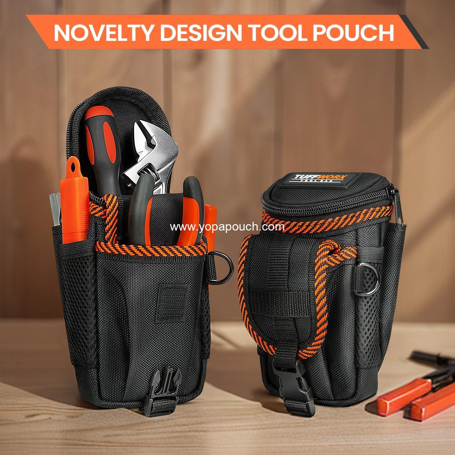 Wholesale Tool Belt Pouch Heavy Duty Utility Holder with Mesh Pocket Black and Orange Factory