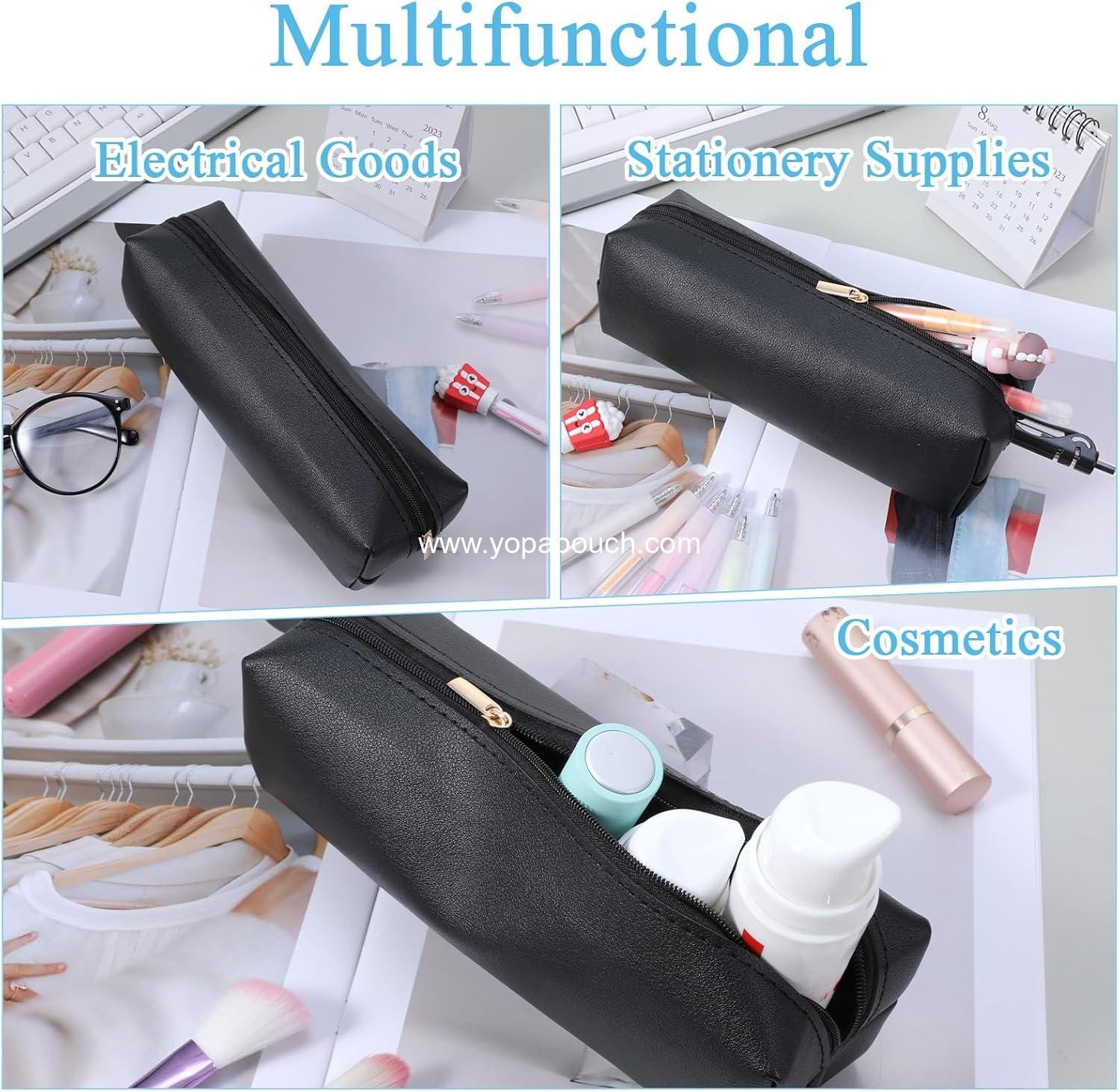 OEM Black PU Leather Pencil Case Pouch Portable Stationery Organizer Bag for Adult Women Cosmetic Factory