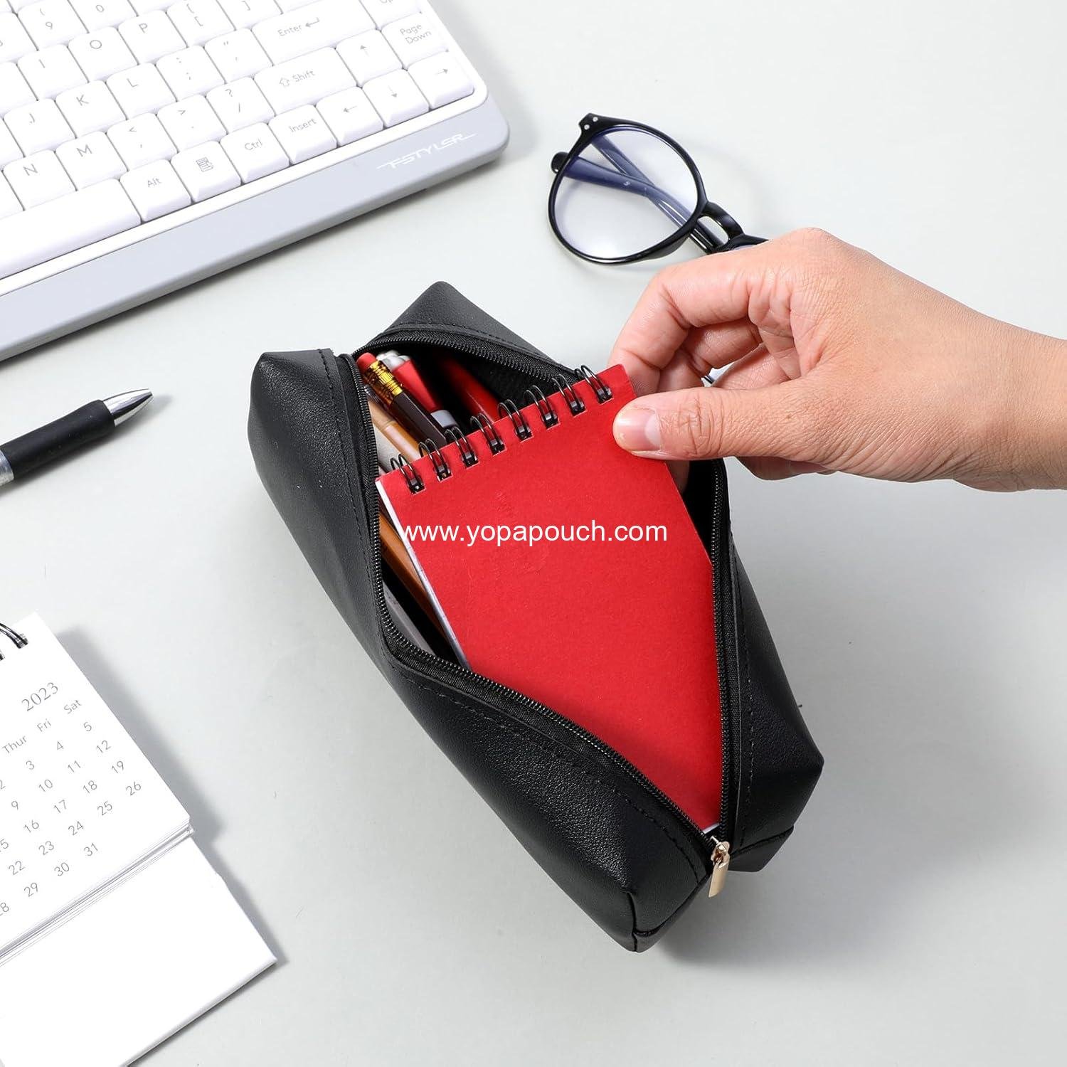 OEM Black PU Leather Pencil Case Pouch Portable Stationery Organizer Bag for Adult Women Cosmetic Factory