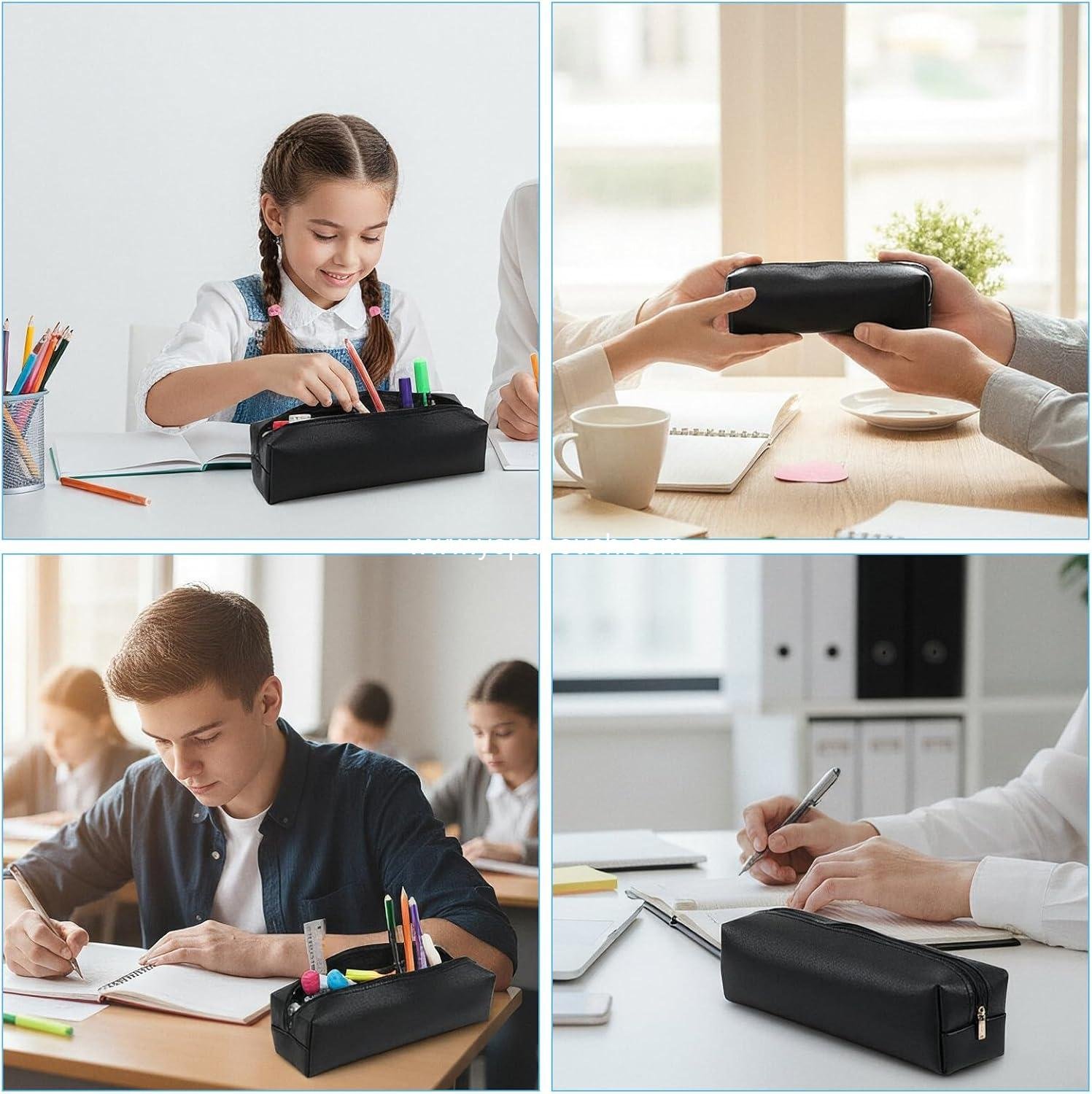 OEM Black PU Leather Pencil Case Pouch Portable Stationery Organizer Bag for Adult Women Cosmetic Factory