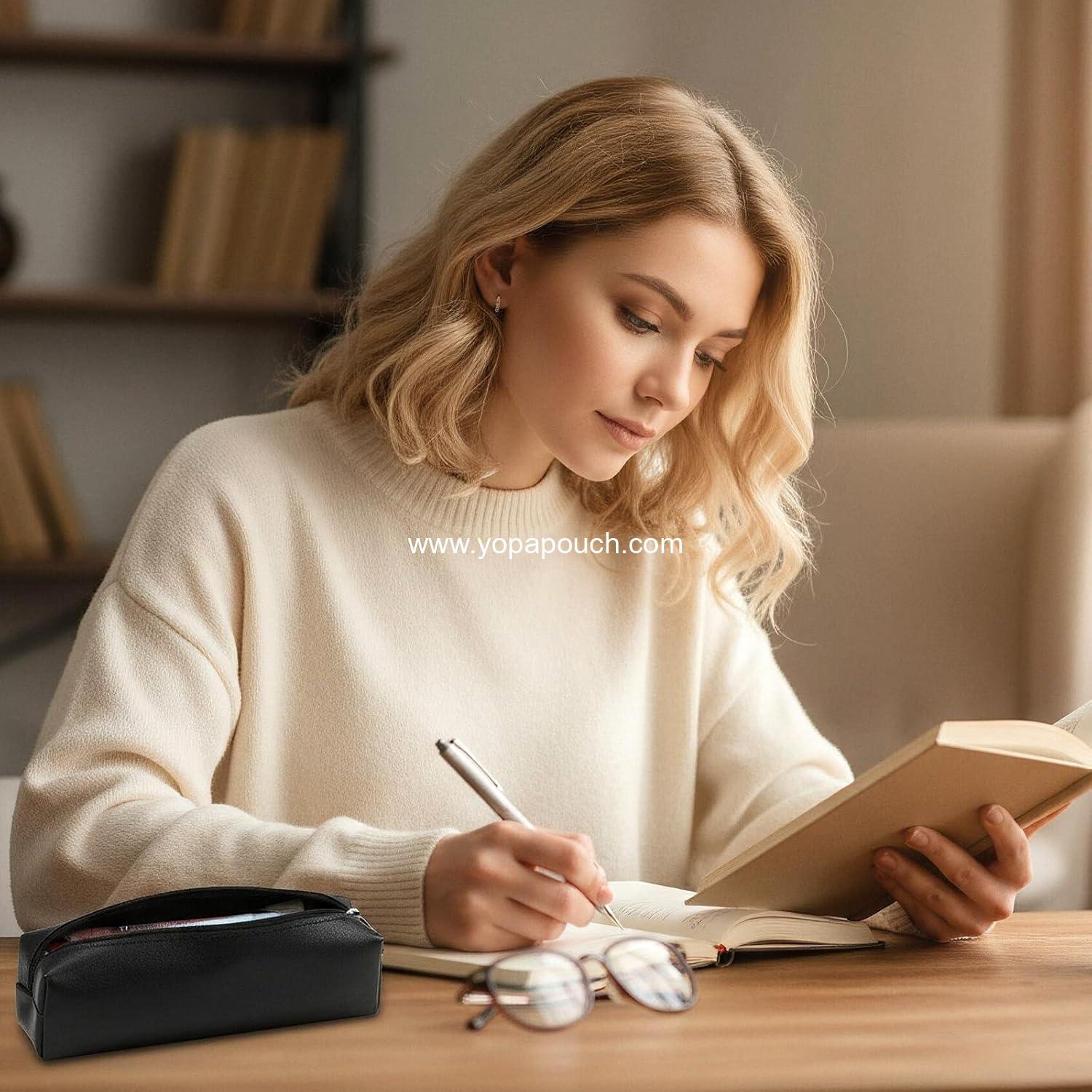 OEM Black PU Leather Pencil Case Pouch Portable Stationery Organizer Bag for Adult Women Cosmetic Factory