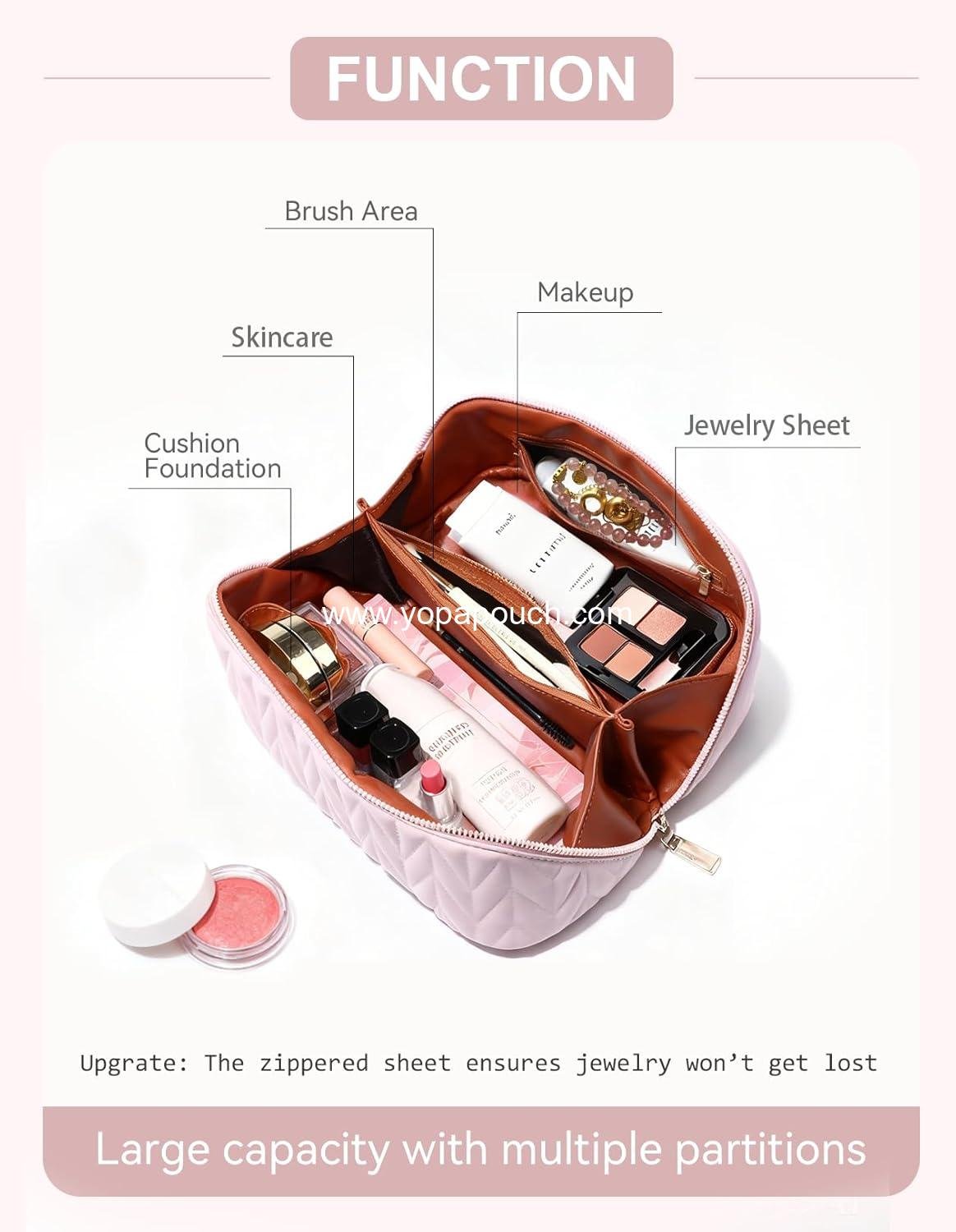 Wholesale Travel Makeup Bag for Women, Large Capacity Cosmetic Organizer with Handle and Divider, Waterproof Toiletry Pouch (Pink) Supplier