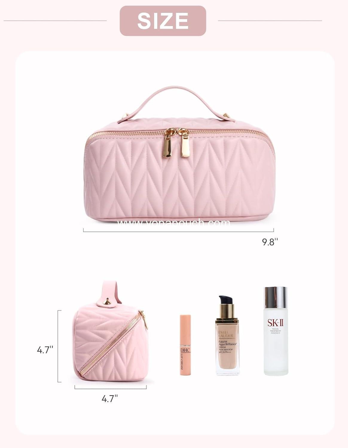 Wholesale Travel Makeup Bag for Women, Large Capacity Cosmetic Organizer with Handle and Divider, Waterproof Toiletry Pouch (Pink) Supplier