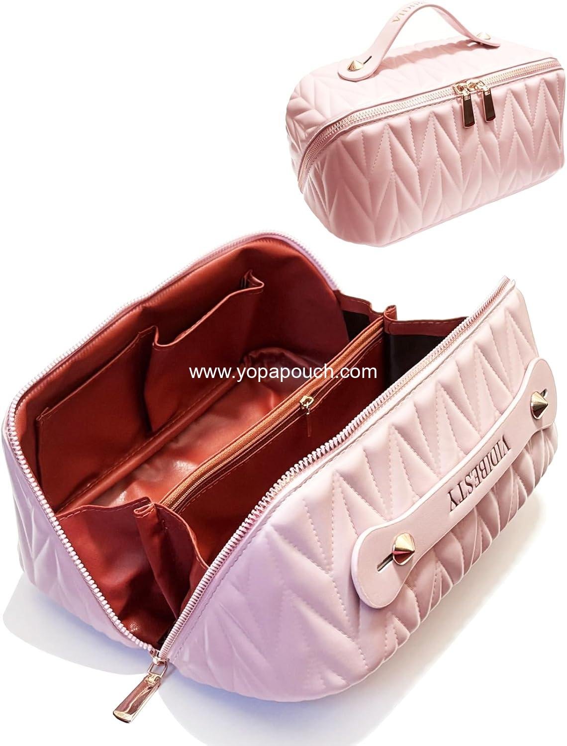 Travel Makeup Bag for Women, Large Capacity Cosmetic Bags for Girls, Compact Pouch Make up Organizer, Waterproof Toiletry Bag with Divider and Handle (Pink)