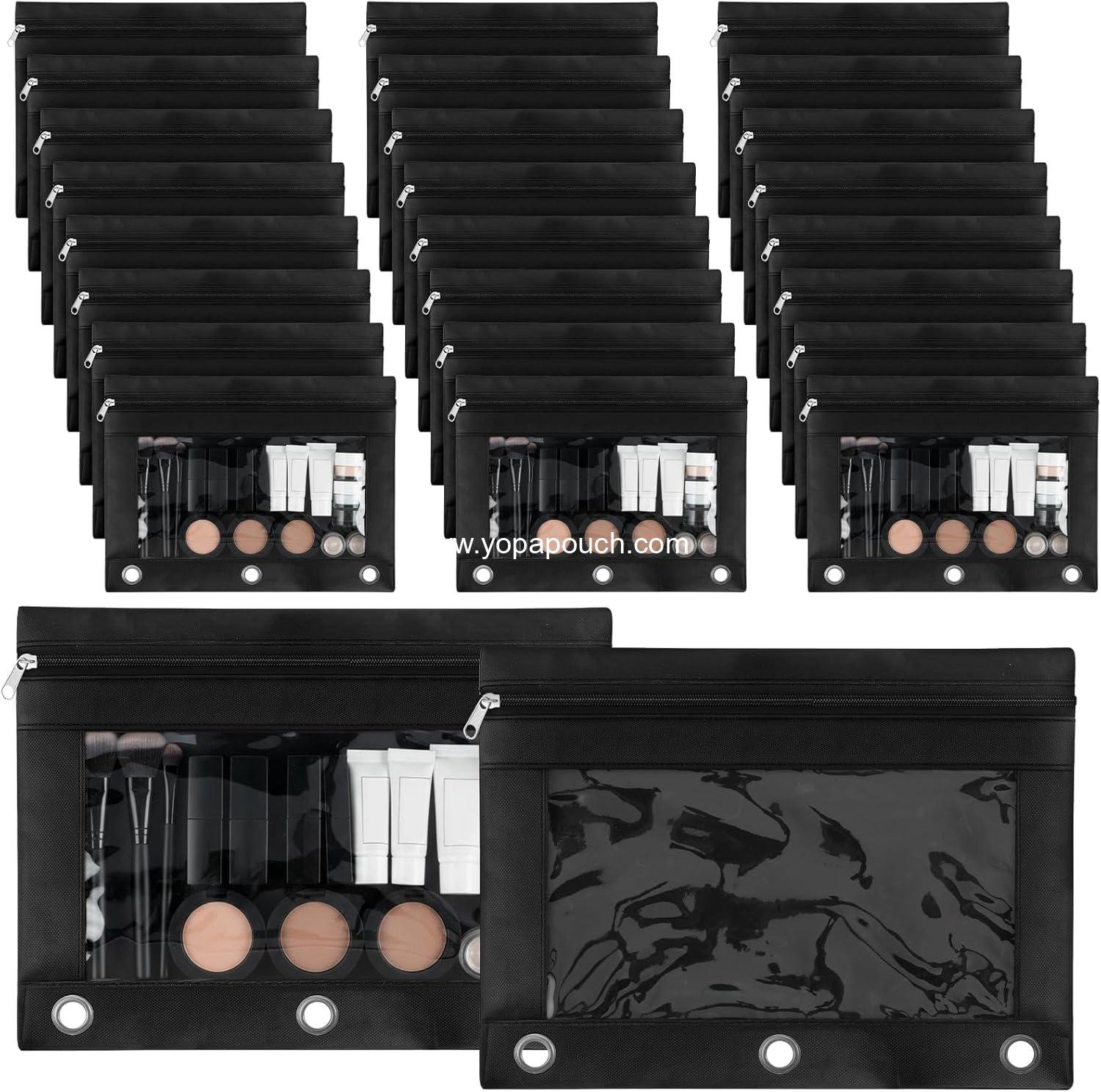 48 PCS Pouch Bag for 3 Ring Binder, Black Bulk Zipper Office Supplies Case, File Pouches with Clear Window, Cloth Pouch for 3 Hole Binder, for Storing Office Utensils Storage Supplies