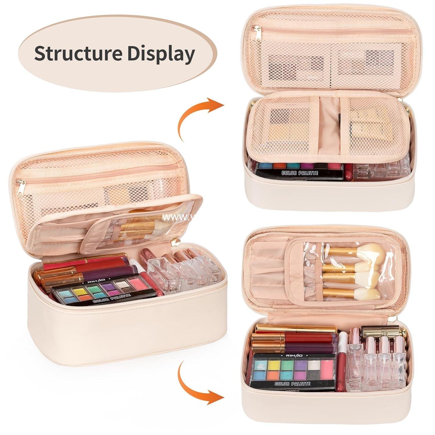Wholesale Portable Cute Makeup Pouch Travel Bag for Women and Girls with Makeup Brush Compartment Organizer - Beige supplier