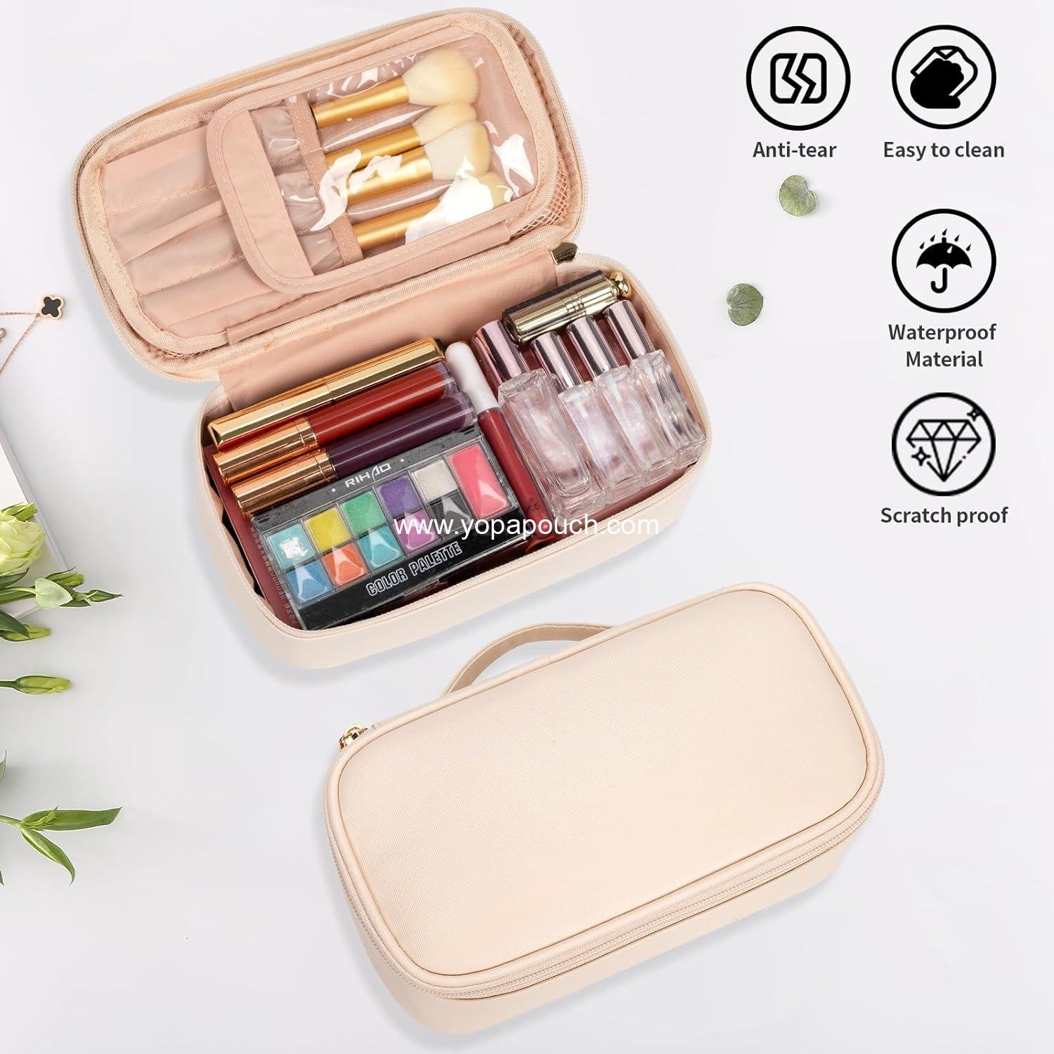 Wholesale Portable Cute Makeup Pouch Travel Bag for Women and Girls with Makeup Brush Compartment Organizer - Beige supplier