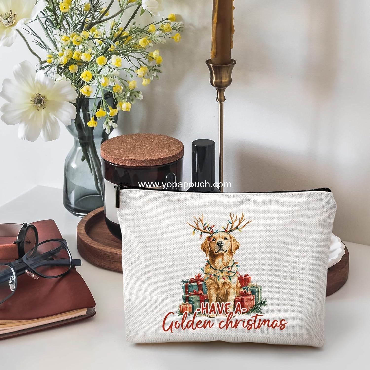 OEM Christmas Golden Retriever Makeup Bag - Cosmetic Pouch for Dog Moms, Perfect Gift for Women, Travel Organizer, Toiletry Bag, factory