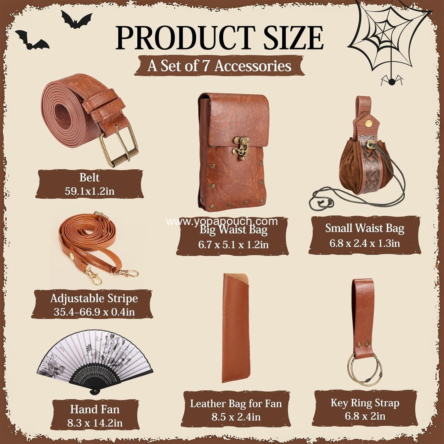 Wholesale Renaissance Pirate Belt Pouch with Fan, Medieval Festival Costume, Halloween Casual Fanny Pack Waist Bag (2 Pouches - Brown) Supplier