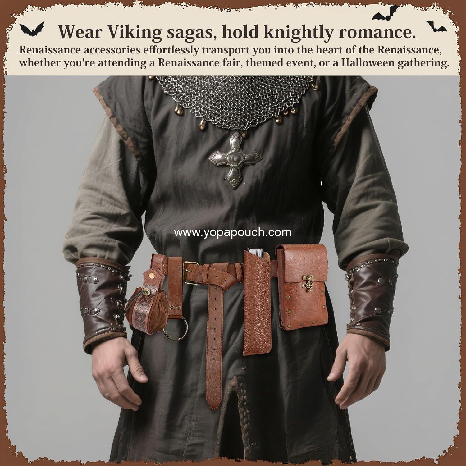 Wholesale Renaissance Pirate Belt Pouch with Fan, Medieval Festival Costume, Halloween Casual Fanny Pack Waist Bag (2 Pouches - Brown) Supplier