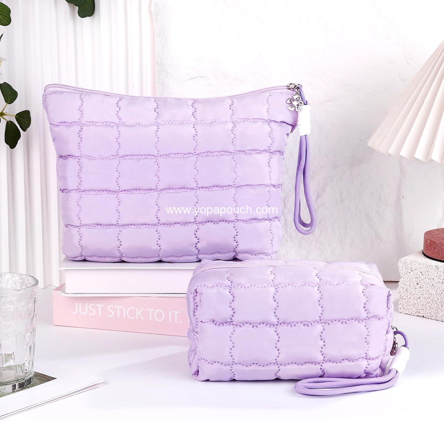 Wholesale Checkered Down Cotton Makeup Bag - Travel Toiletry Pouch for Women with Cosmetic and Pencil, Aesthetic Purple Design, Large Supplier