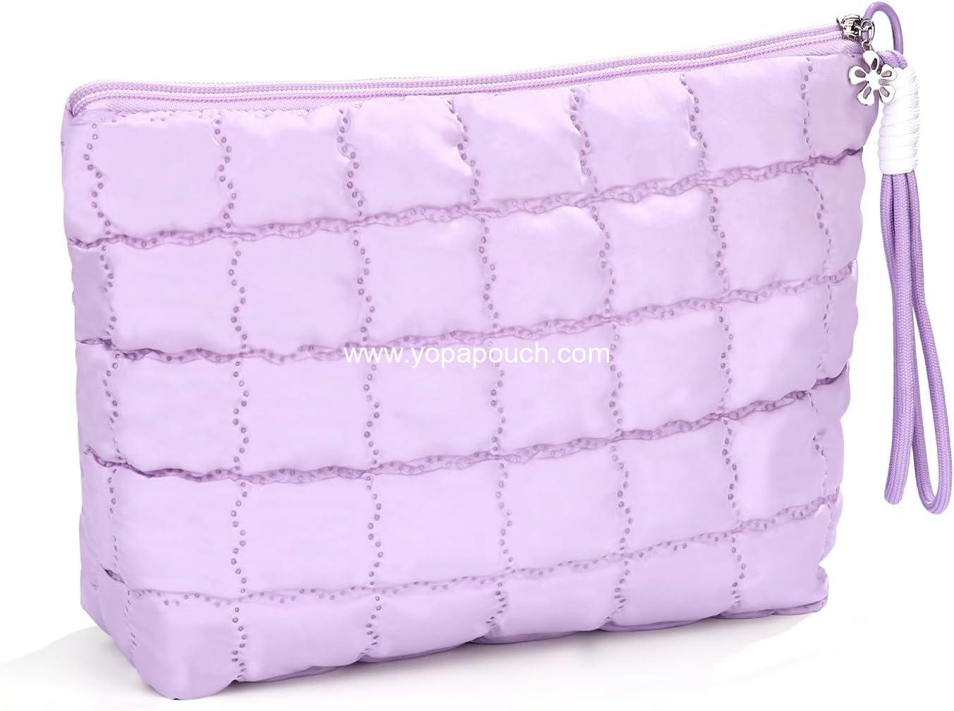 Richeart Makeup Bag Travel Toiletry Bag - Checkered Down Cotton Makeup Pouch for Women with Cosmetic and Pencil, Aesthetic Purple Design, Large