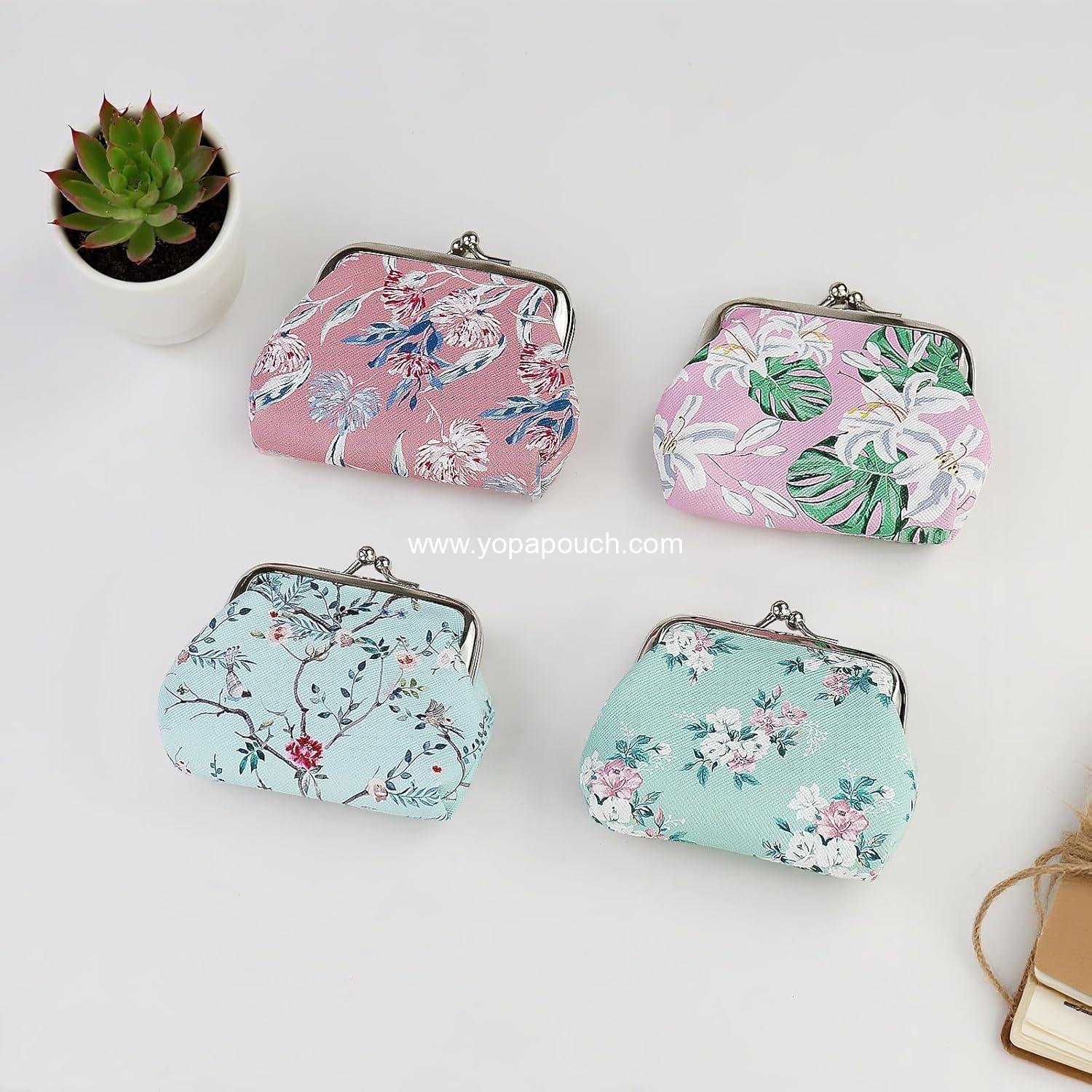 Wholesale Floral Pattern Faux Leather Coin Purse for Women with Kiss Lock, Double Clasp Mini Wallet for Cash and Keys (Blue + Dark Pink) - Supplier
