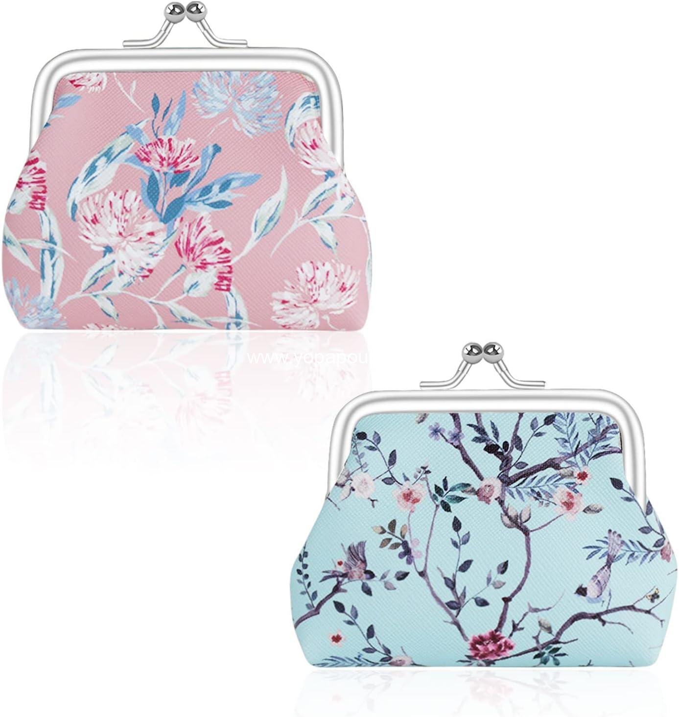 FuninCrea 2 Pcs Faux Leather Coin Purse for Women with Kiss Lock, Floral Pattern Change and Coin Wallet Double Clasp Closure Mini Wallet for Cash Key (Blue+Dark Pink)