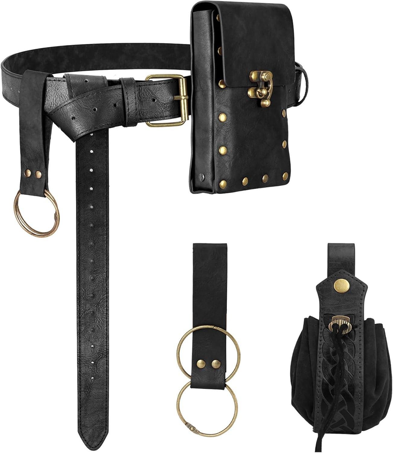 Renaissance Belt with Pouch Waist Bag - Coin Purse for Pirate, Renaissance Accessories for Festivals, Cosplay & Halloween (Black)
