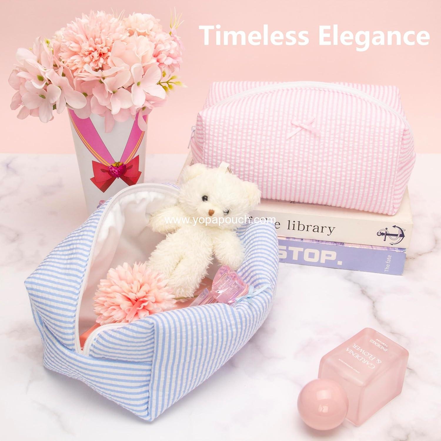 Wholesale Soft Toiletry Bag for Women - Aesthetic Makeup Organizer, Portable Large Zipper Pouch for Skincare, Beauty Accessories, Brushes, Stripe Blue - Supplier