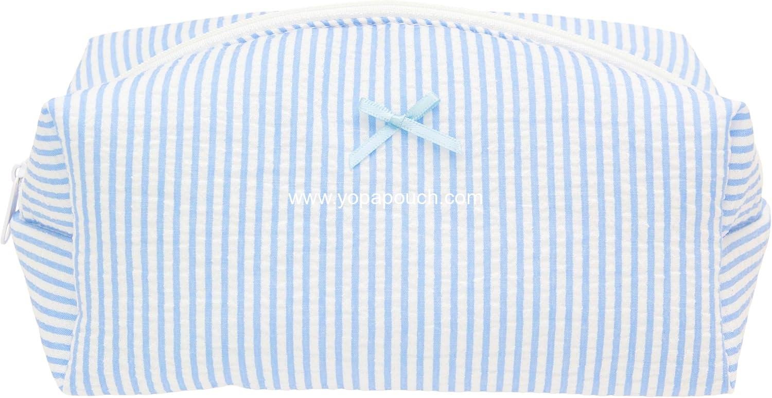 PAZIMIIK Cozy Makeup Bag Travel Cosmetic Bag for Women Soft Toiletry Bag Aesthetic Makeup Organizer Portable Large Zipper Pouch for Skincare Beauty Accessories Brushes Stripe Blue